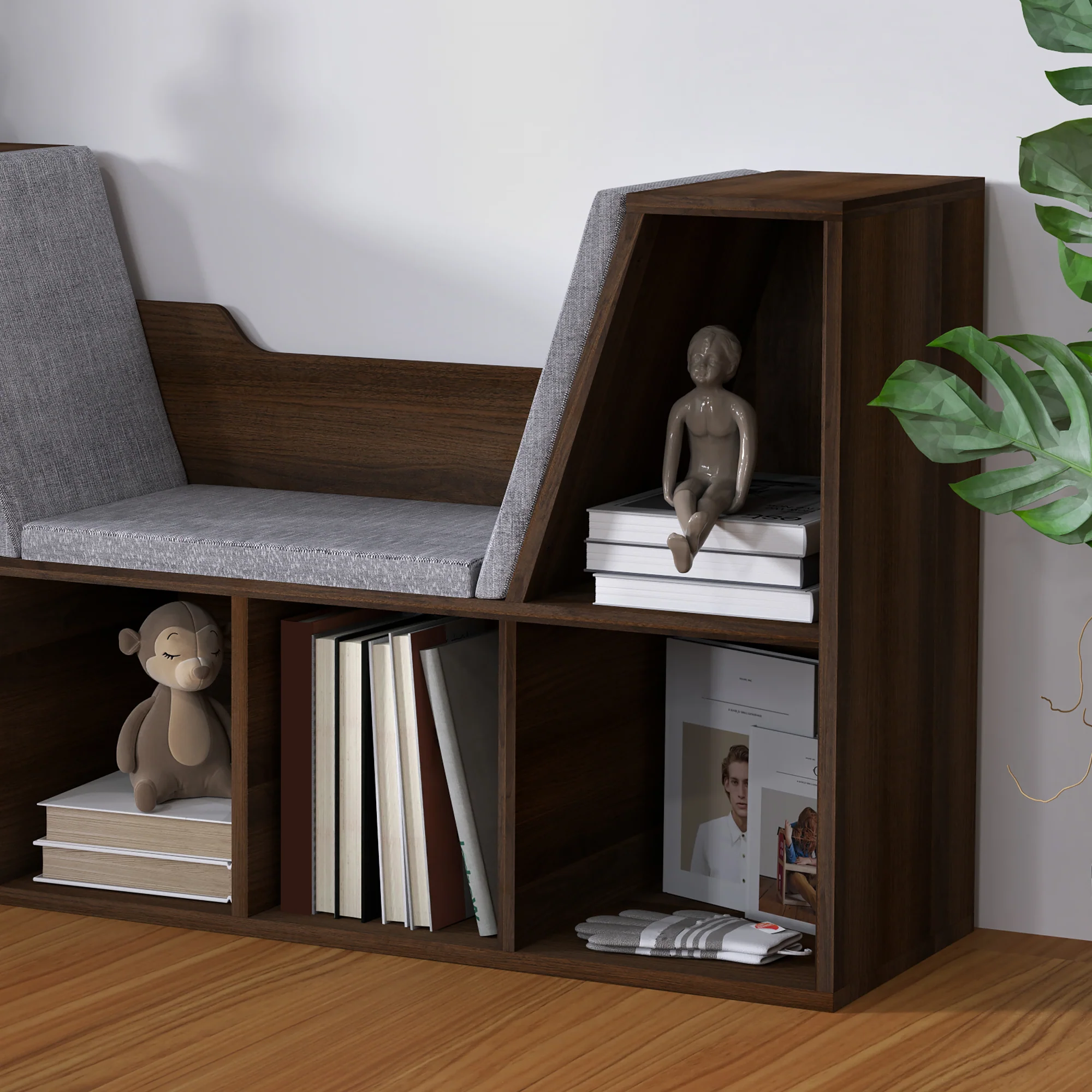 HOMCOM Cube Bookshelf Organizer With Reading Seat, Six Cubes, Chestnut - Image 9