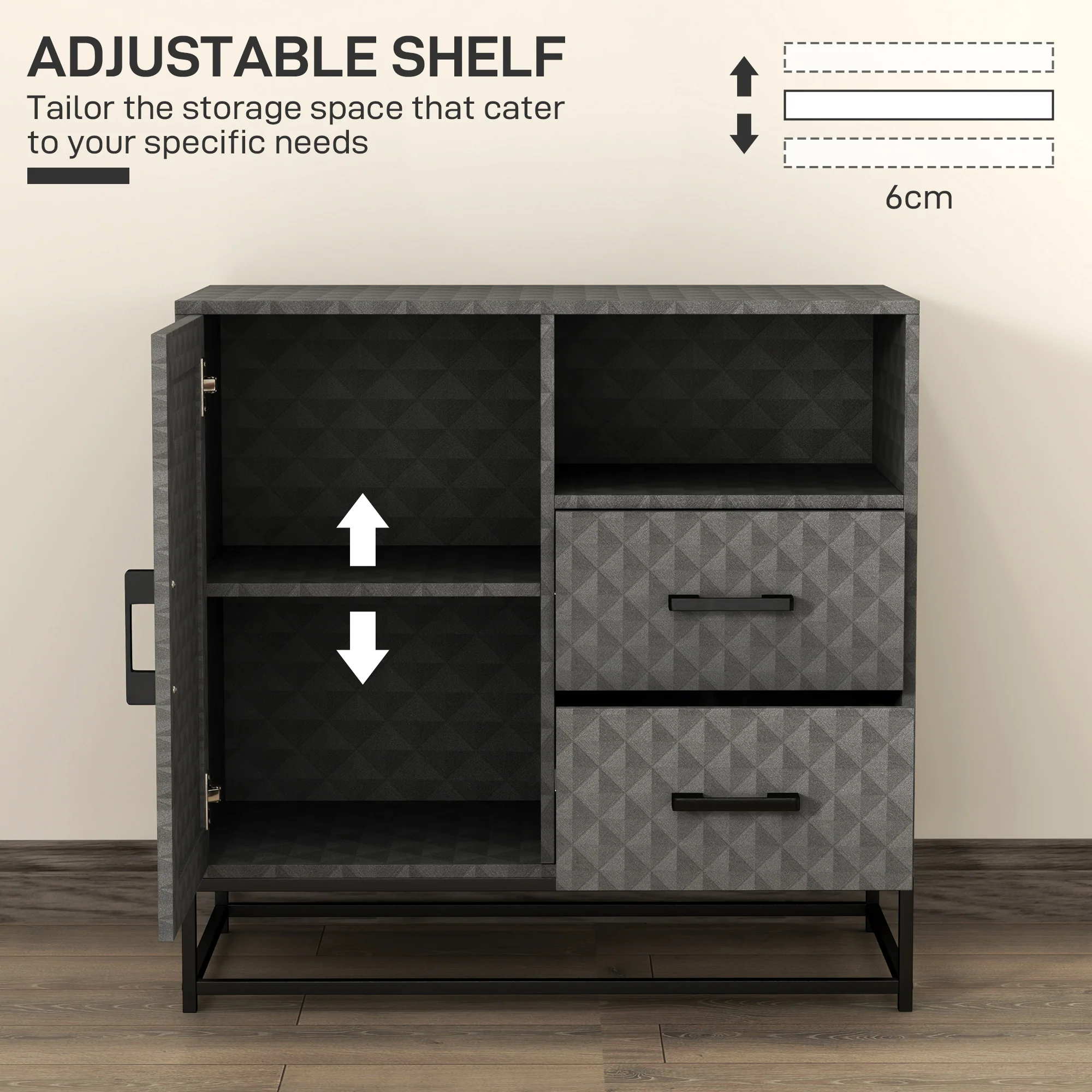 HOMCOM Cupboard with Adjustable Shelf, Open Compartment, 2 Drawers - Image 13
