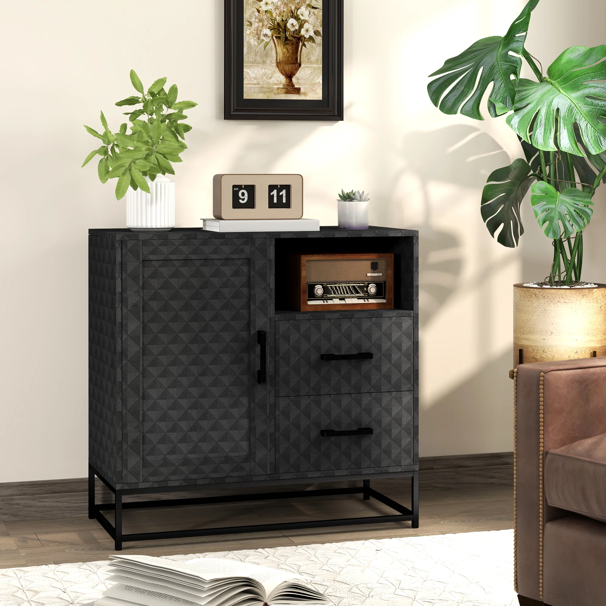 HOMCOM Cupboard with Adjustable Shelf, Open Compartment, 2 Drawers - Image 2