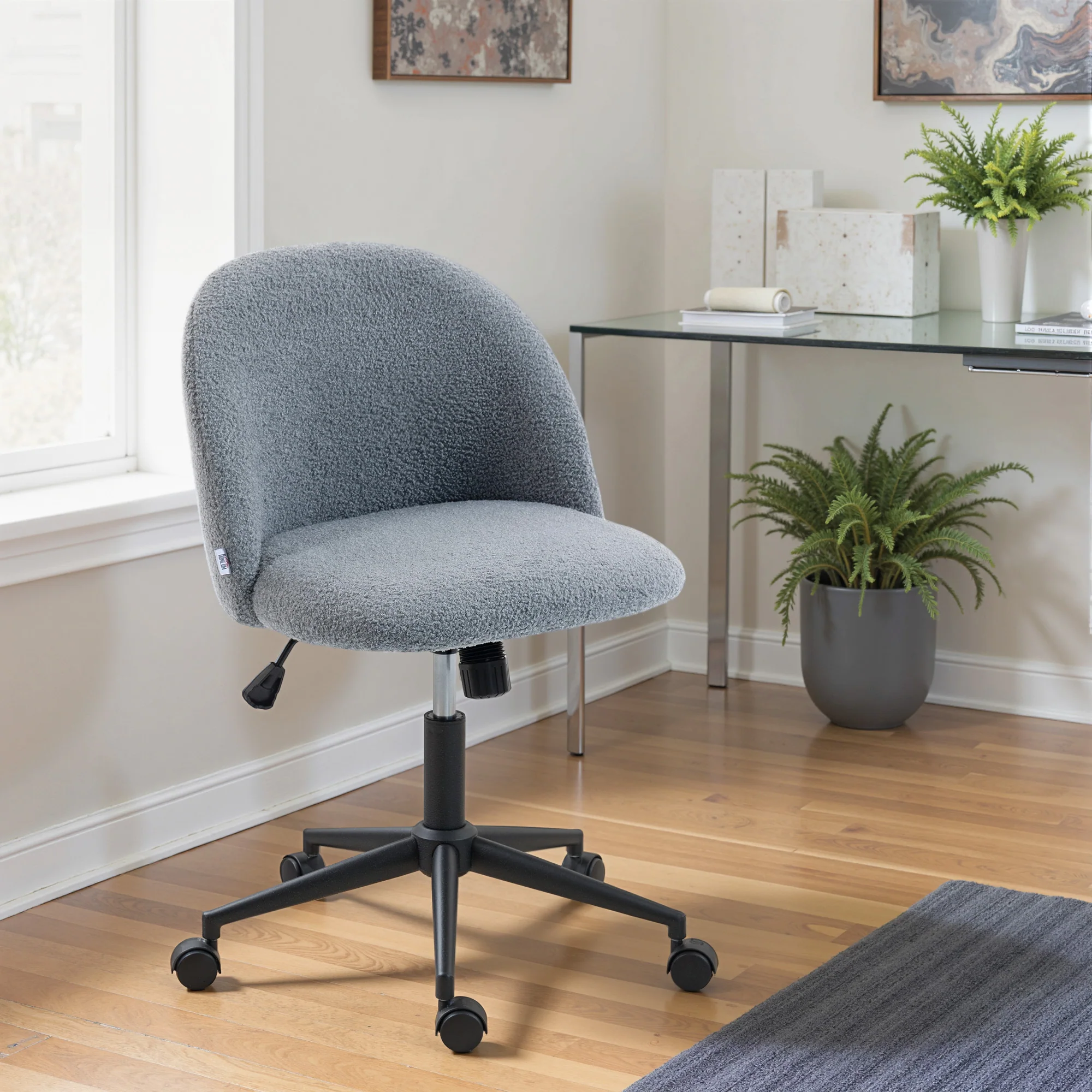 HOMCOM Desk Chair, Fluffy Swivel Office Chair For Makeup Vanity, Grey - Image 2