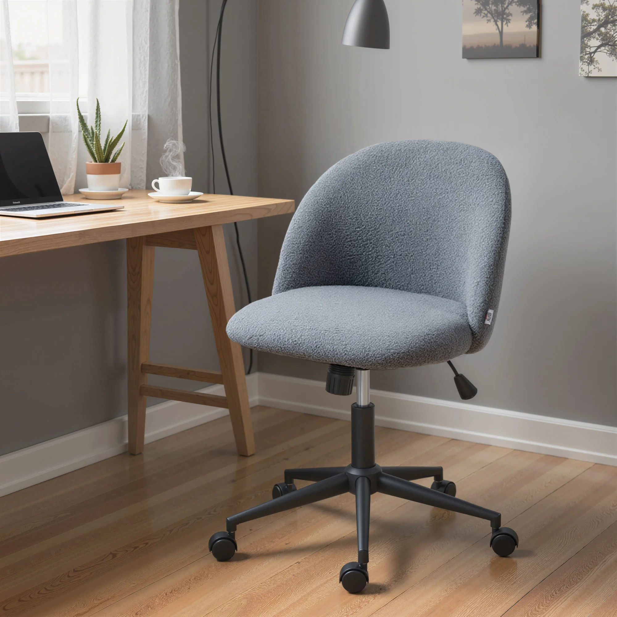 HOMCOM Desk Chair, Fluffy Swivel Office Chair For Makeup Vanity, Grey - Image 8