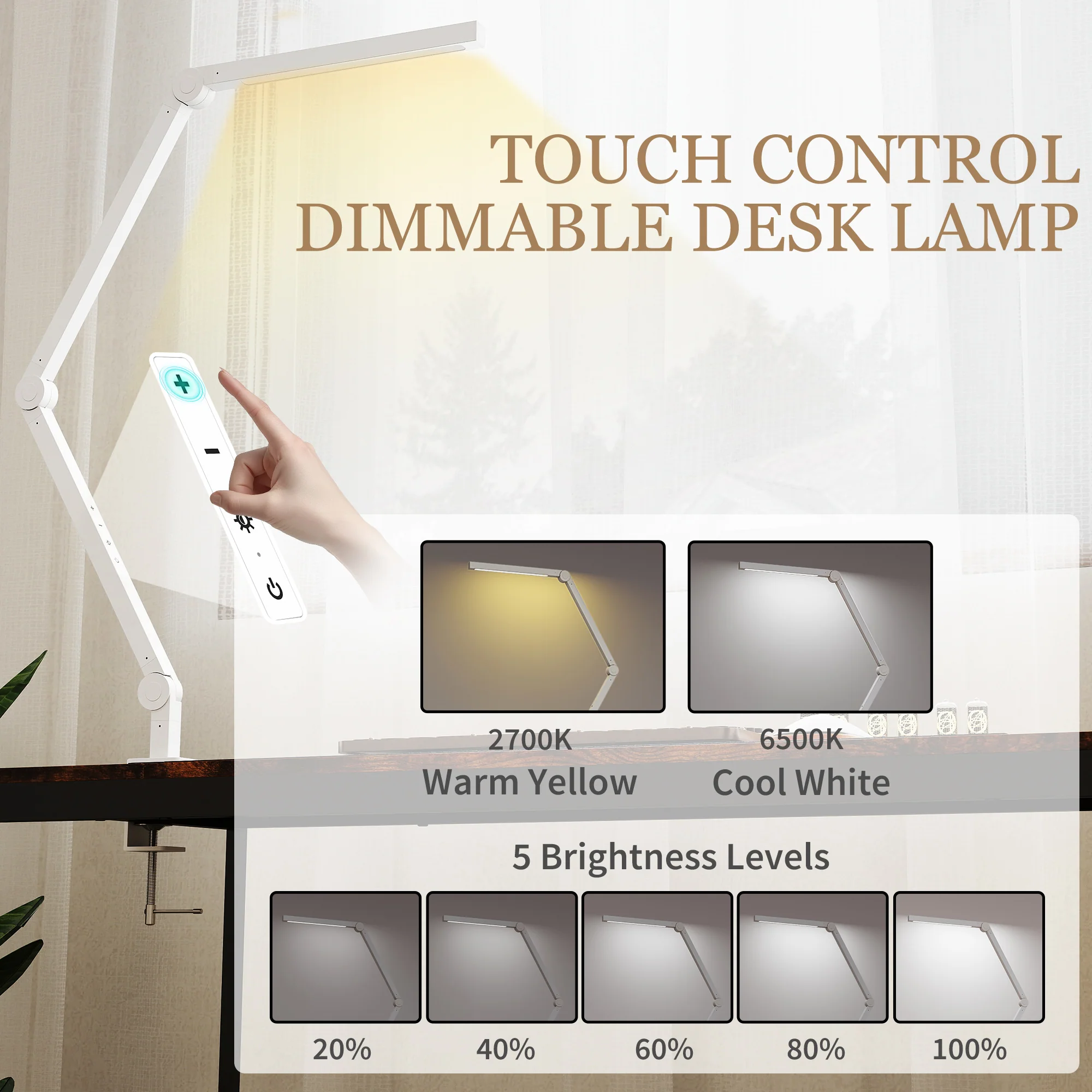 HOMCOM Desk Lamp With Adjustable Swing Arm, Dimmable LED Desk Light, White - Image 3