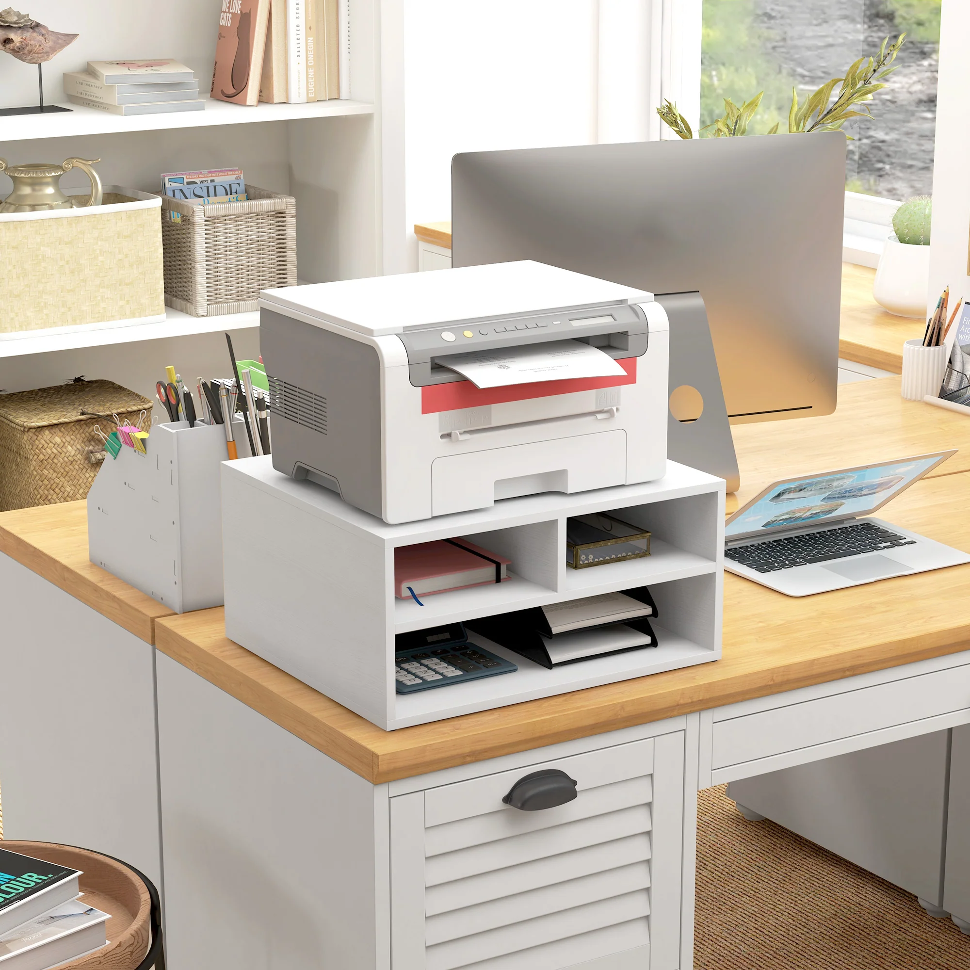 HOMCOM Desktop Printer Stand with 3 Open Compartments, Desk Organiser, White - Image 2