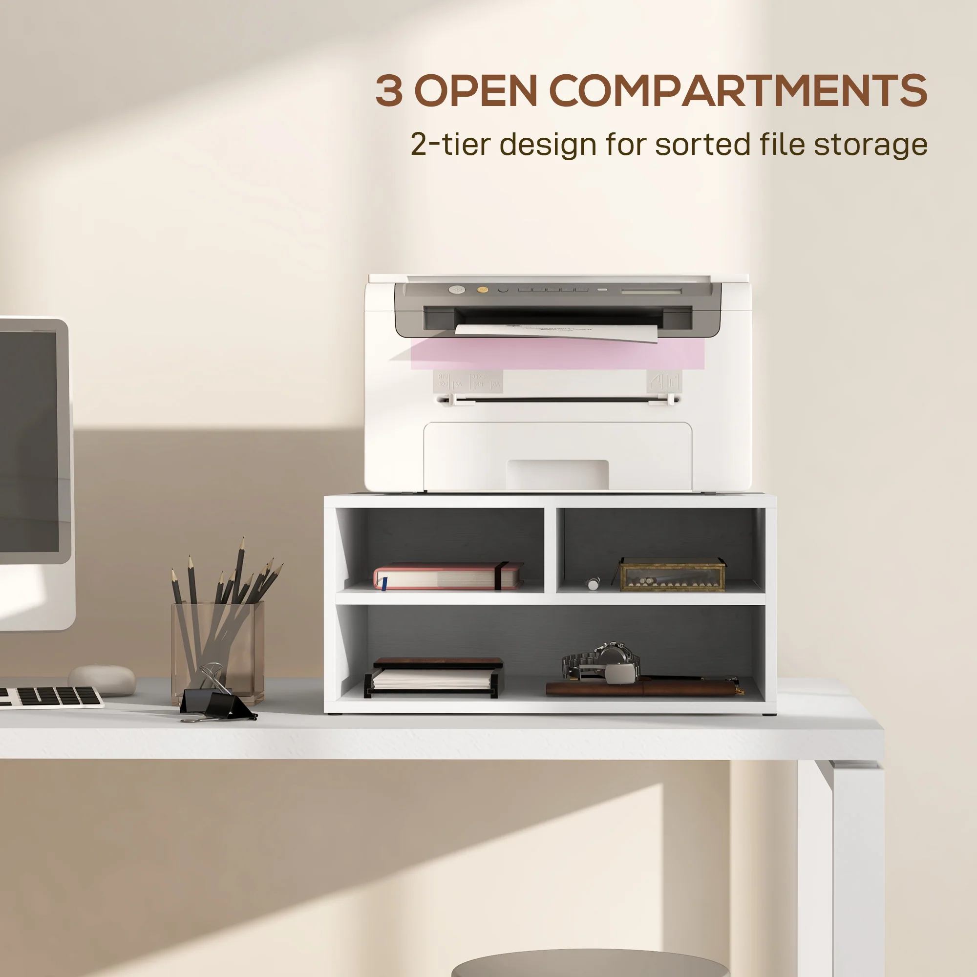 HOMCOM Desktop Printer Stand with 3 Open Compartments, Desk Organiser, White - Image 3