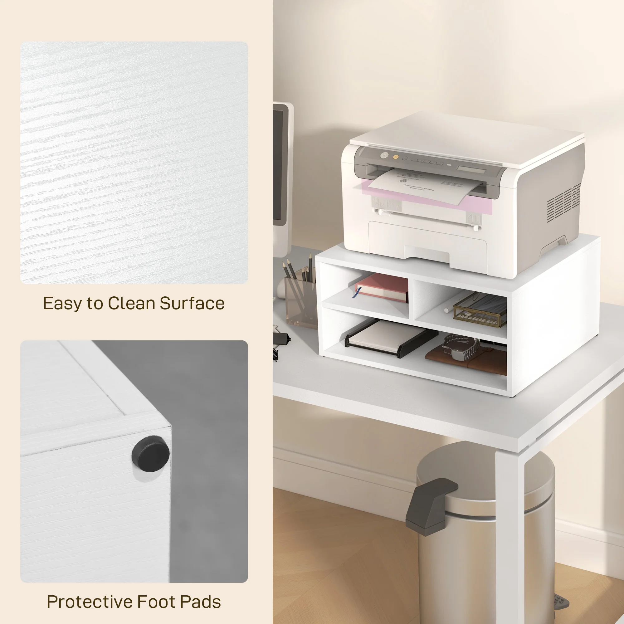 HOMCOM Desktop Printer Stand with 3 Open Compartments, Desk Organiser, White - Image 4