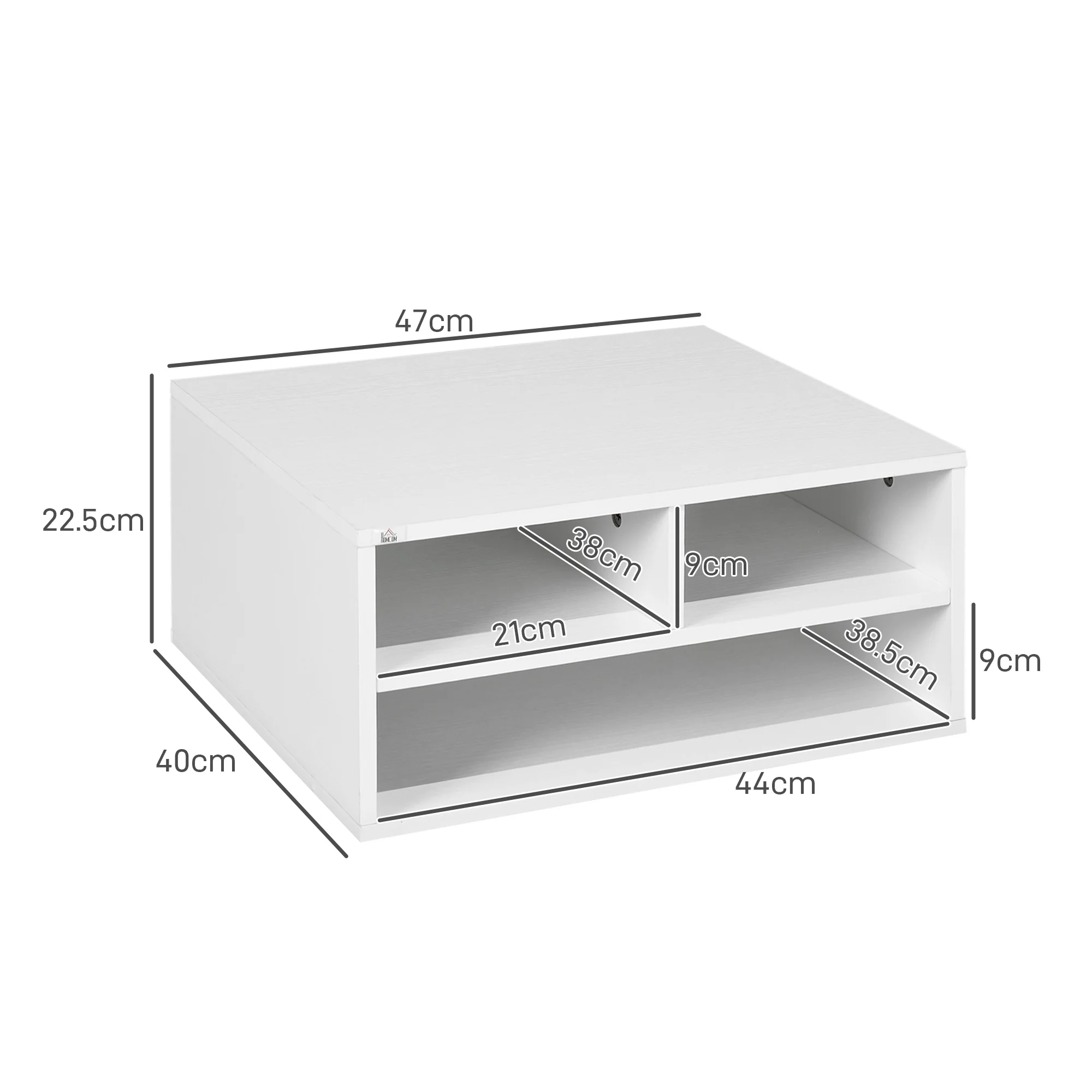 HOMCOM Desktop Printer Stand with 3 Open Compartments, Desk Organiser, White - Image 5