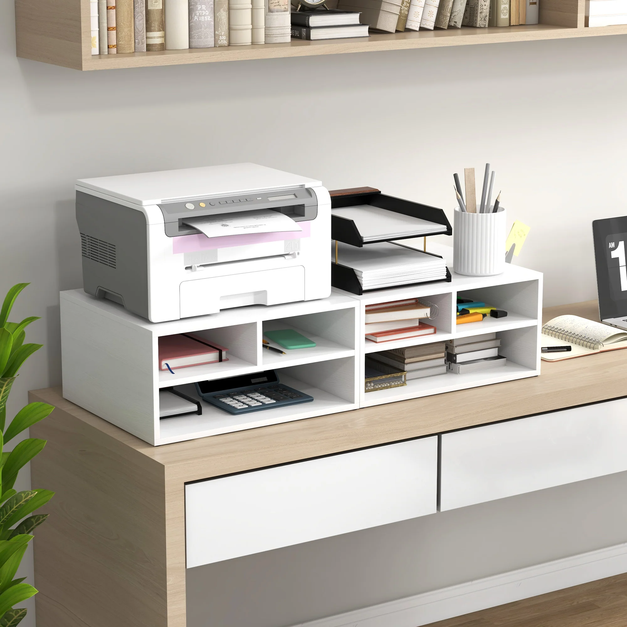 HOMCOM Desktop Printer Stand with 3 Open Compartments, Desk Organiser, White - Image 7