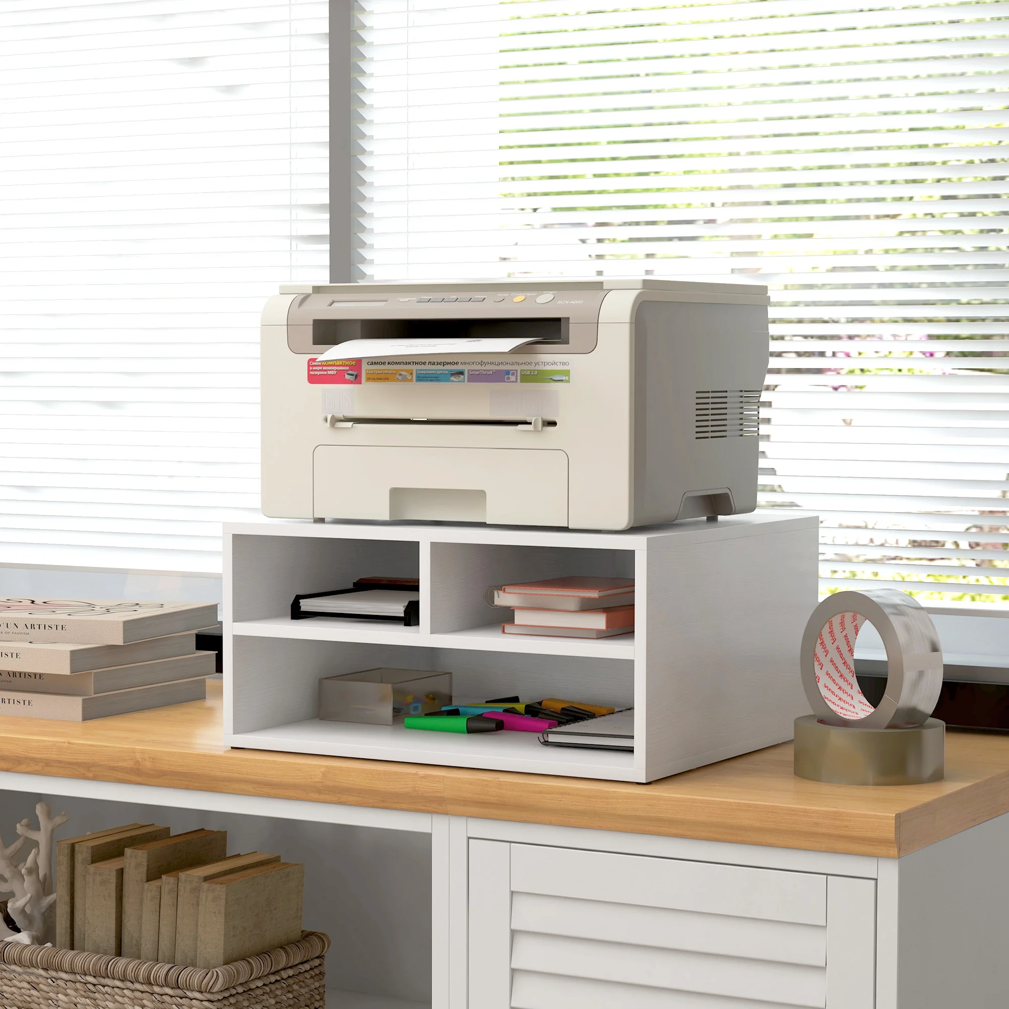 HOMCOM Desktop Printer Stand with 3 Open Compartments, Desk Organiser, White - Image 8