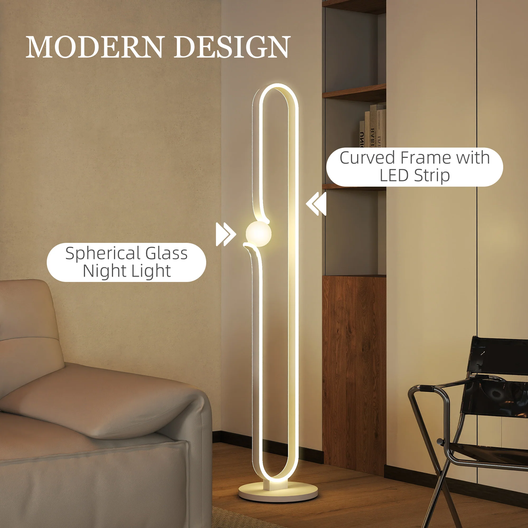 HOMCOM Dimmable LED Floor Lamp With Glass Night Light, Foot Switch, White - Image 3