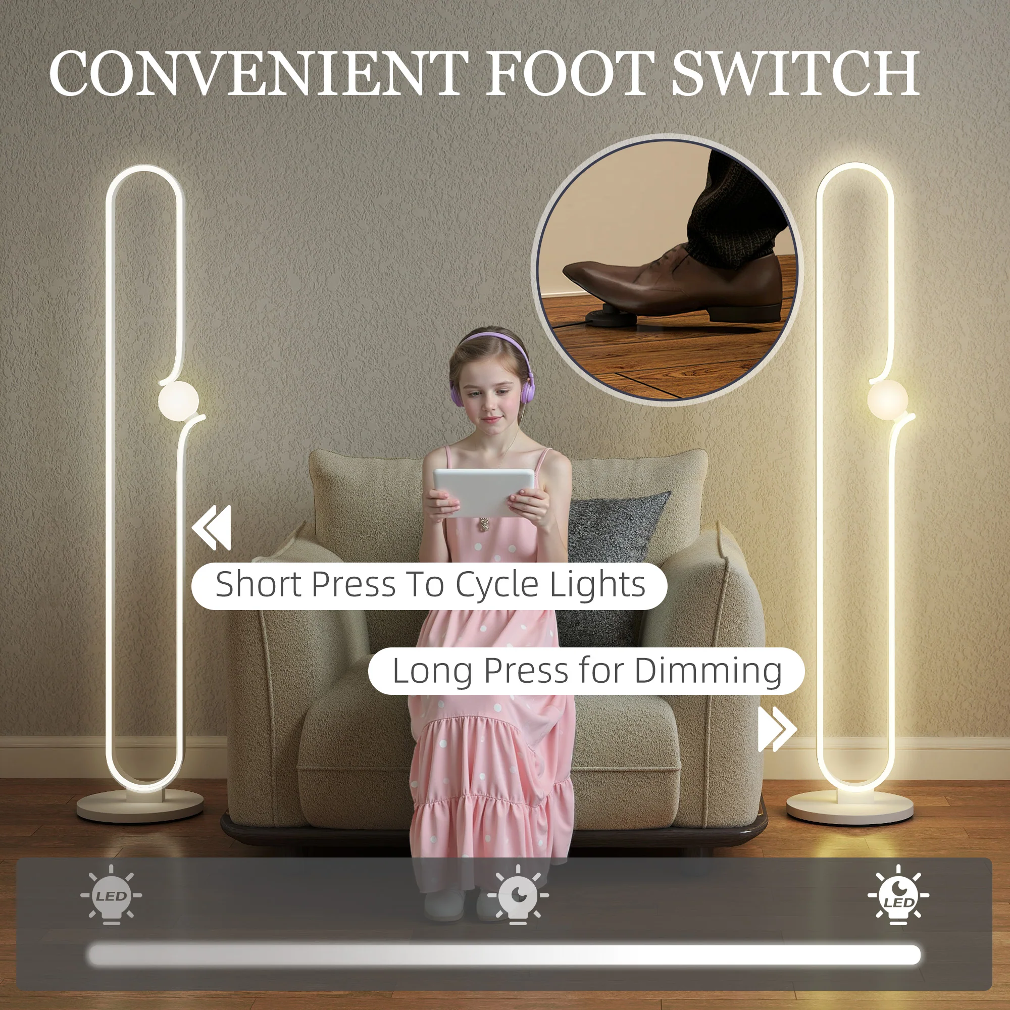 HOMCOM Dimmable LED Floor Lamp With Glass Night Light, Foot Switch, White - Image 6