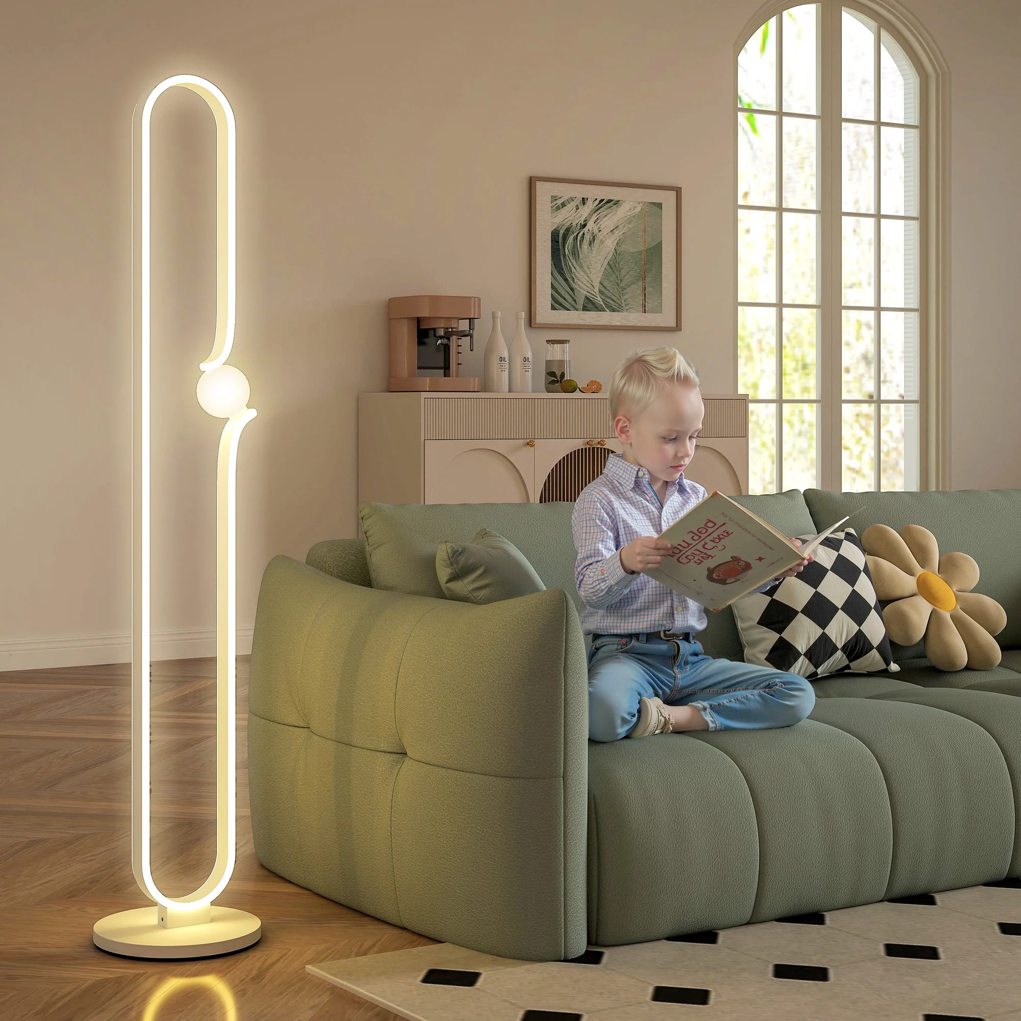 HOMCOM Dimmable LED Floor Lamp With Glass Night Light, Foot Switch, White - Image 7