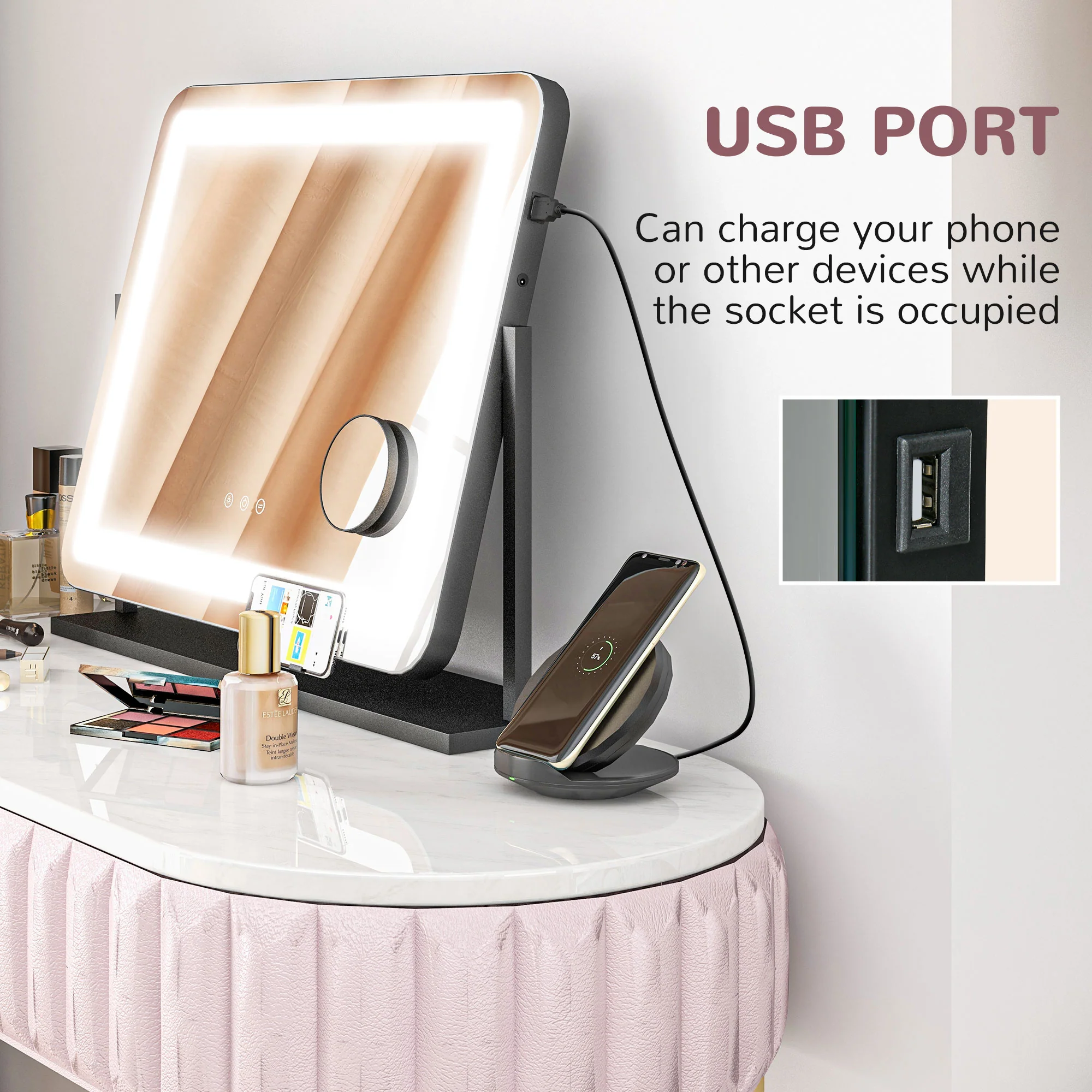 HOMCOM Dimmable Lighted Makeup Mirror with Magnifier, USB Port, 360° Rotation - Image 4
