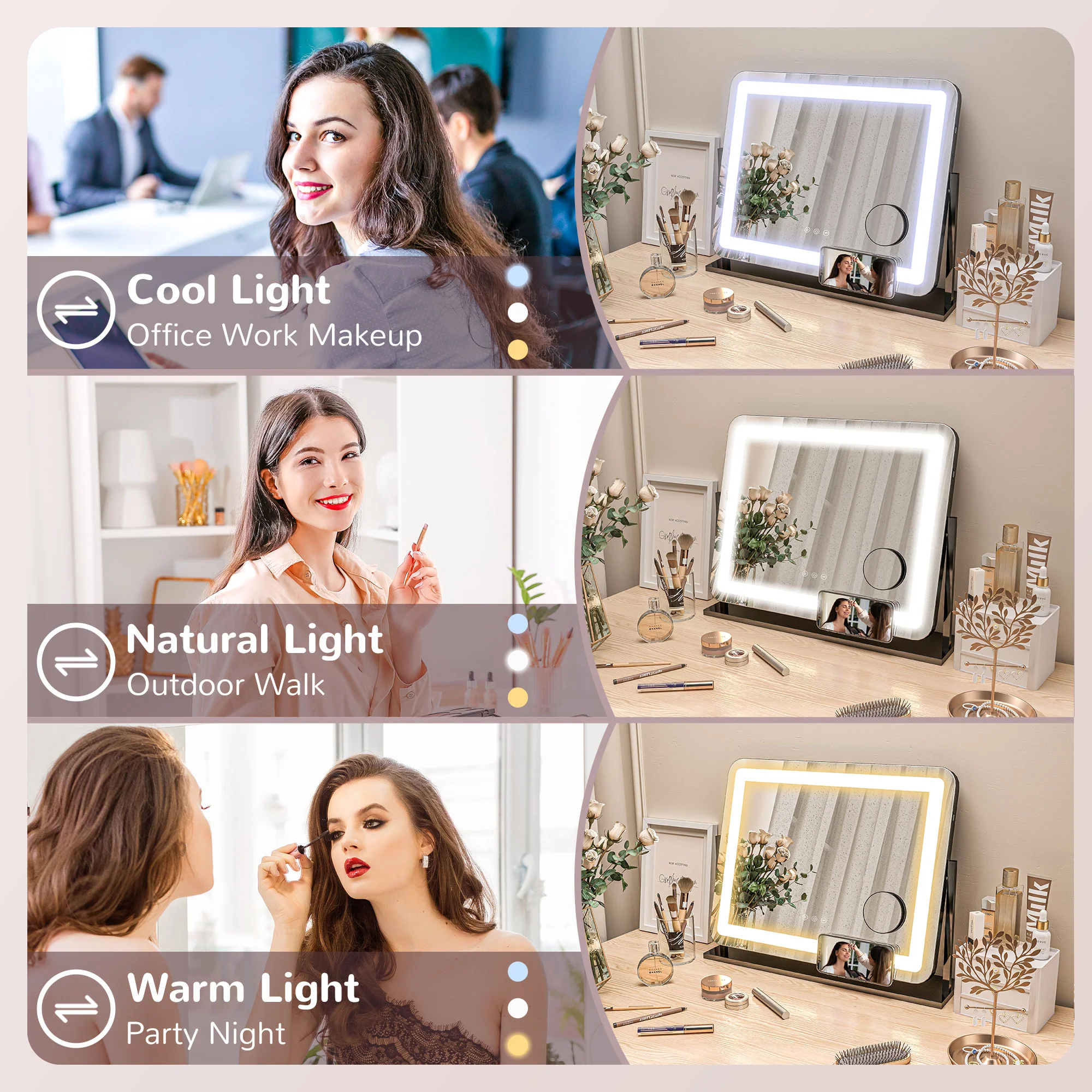 HOMCOM Dimmable Lighted Makeup Mirror with Magnifier, USB Port, 360° Rotation - Image 6