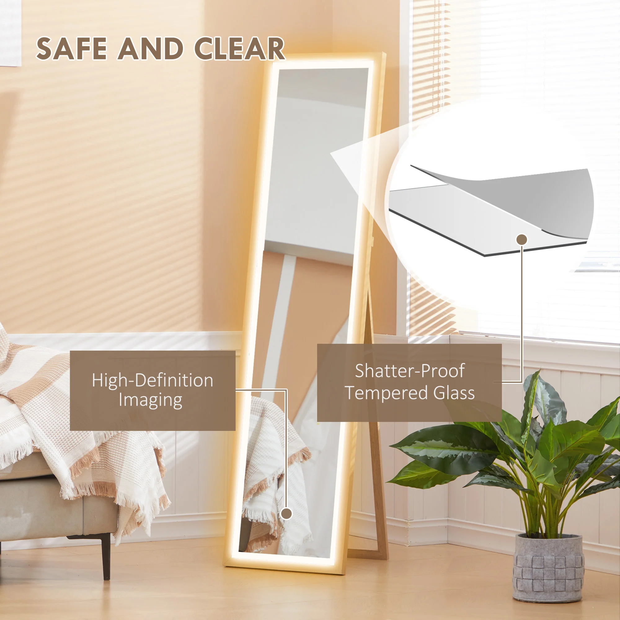 HOMCOM Dimming Full Length Mirror w/ Lights Standing Leaning Wall Mount - Image 8