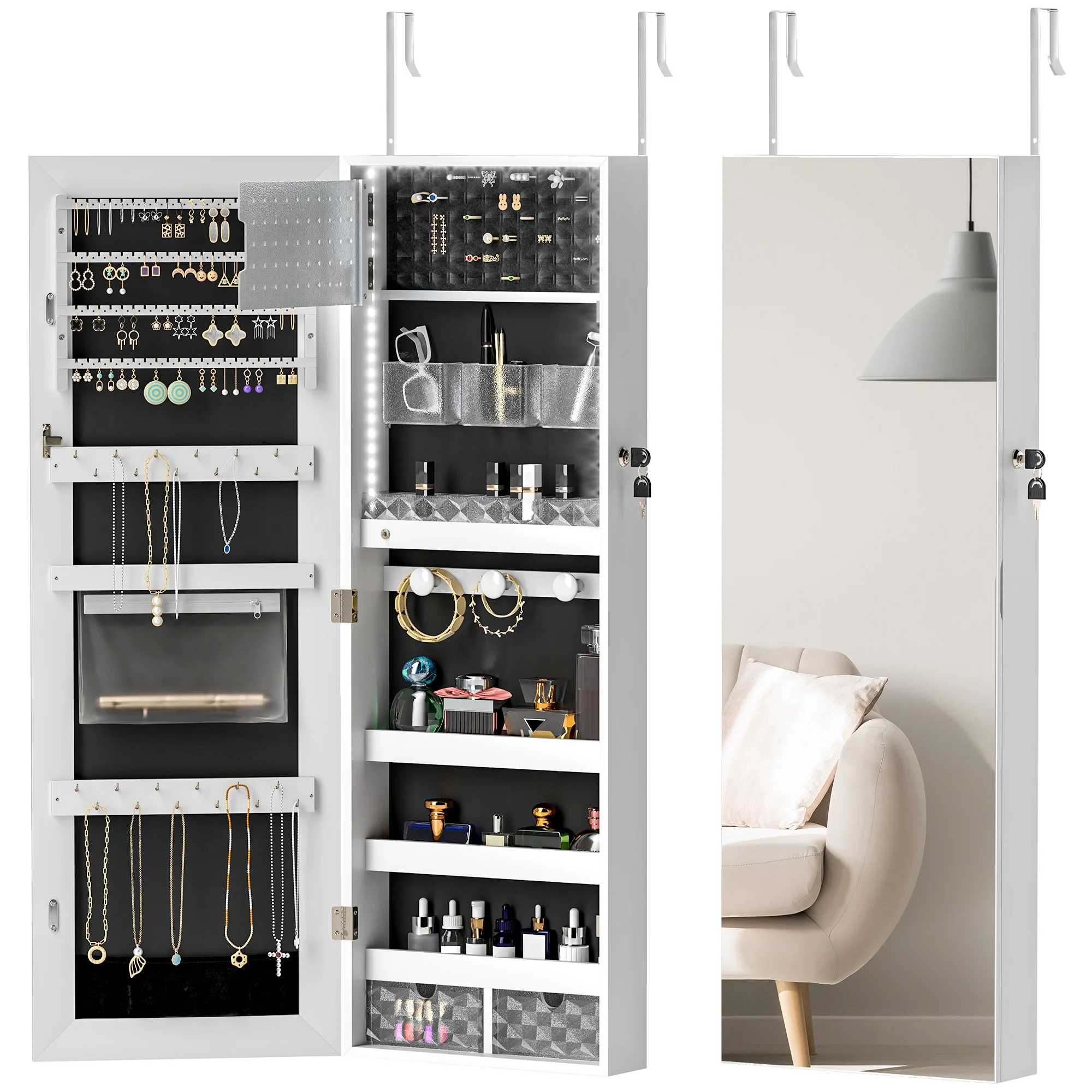 HOMCOM Door Hanging or Wall Mounted Jewellery Cabinet w/ Mirror Lining