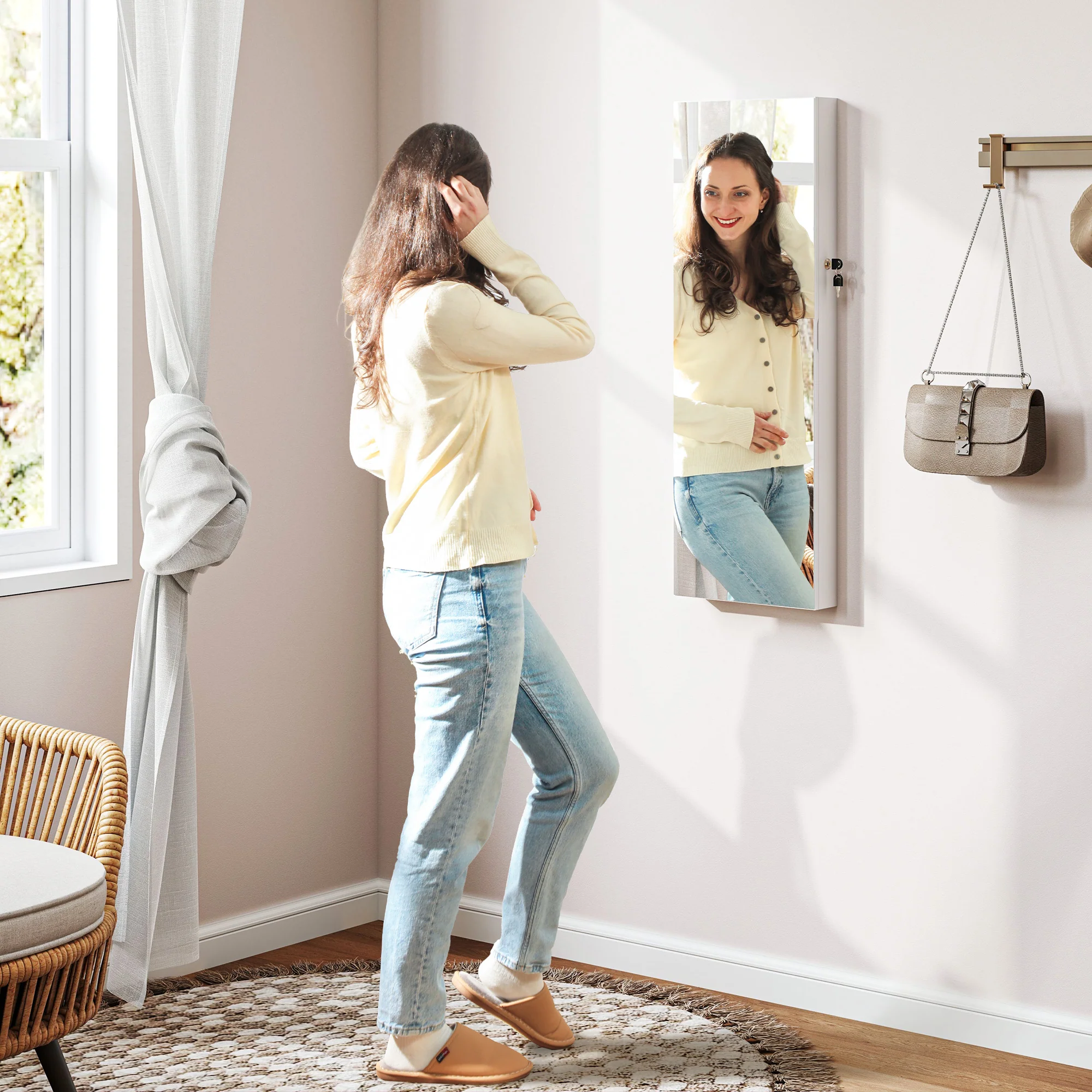 HOMCOM Door Hanging or Wall Mounted Jewellery Cabinet w/ Mirror Lining - Image 11