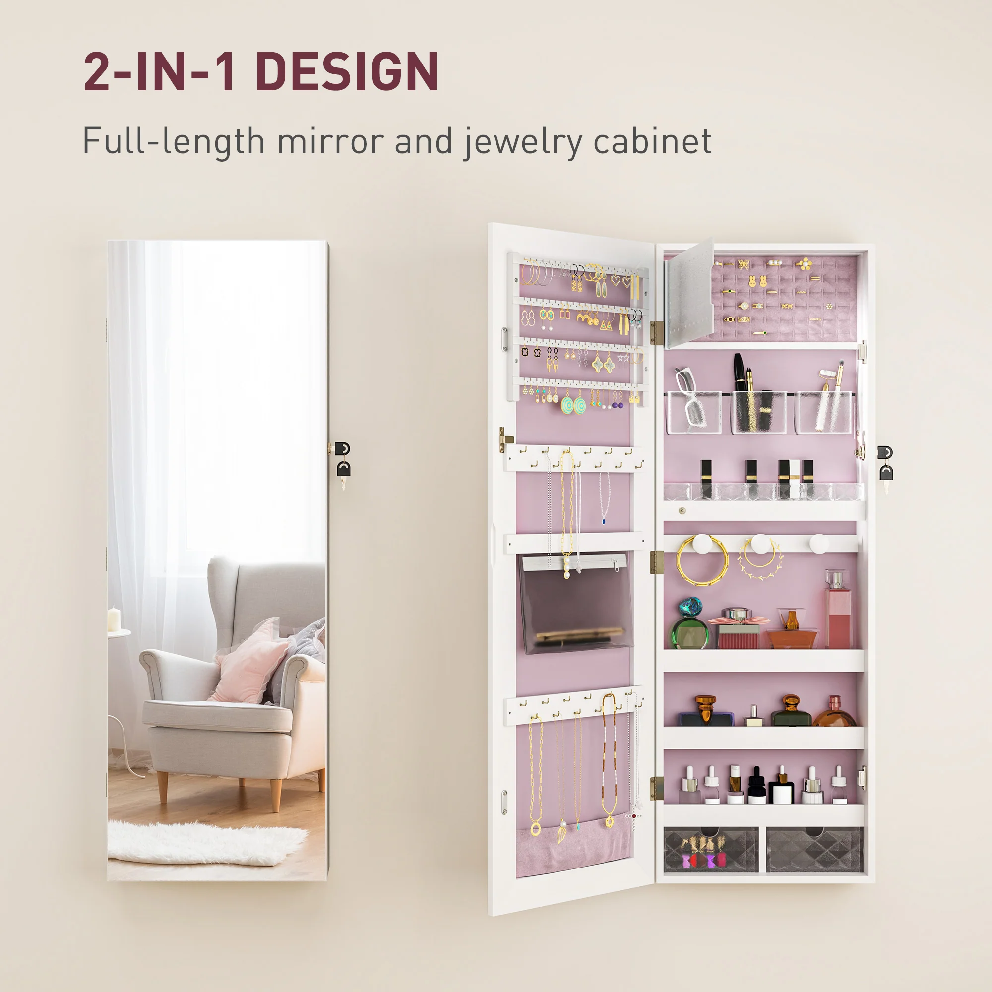 HOMCOM Door Hanging or Wall Mounted Jewellery Cabinet w/ Mirror Lining - Image 12