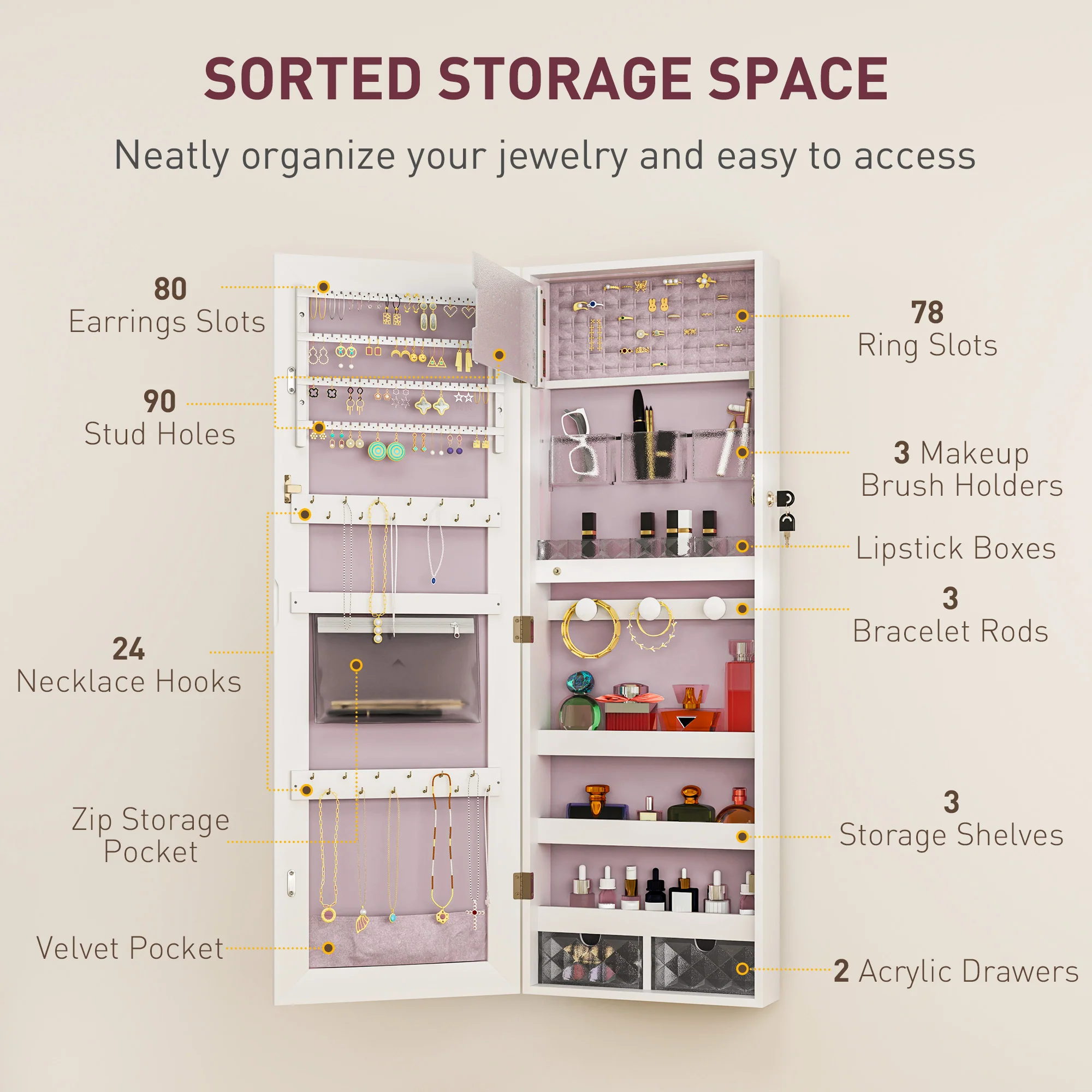HOMCOM Door Hanging or Wall Mounted Jewellery Cabinet w/ Mirror Lining - Image 15