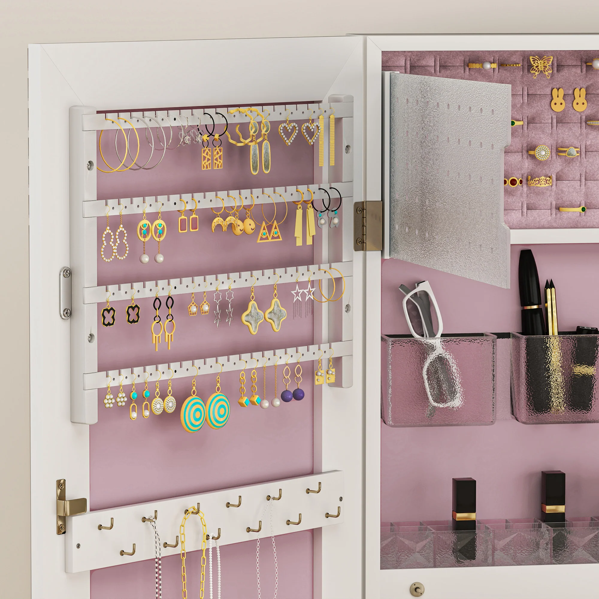 HOMCOM Door Hanging or Wall Mounted Jewellery Cabinet w/ Mirror Lining - Image 18