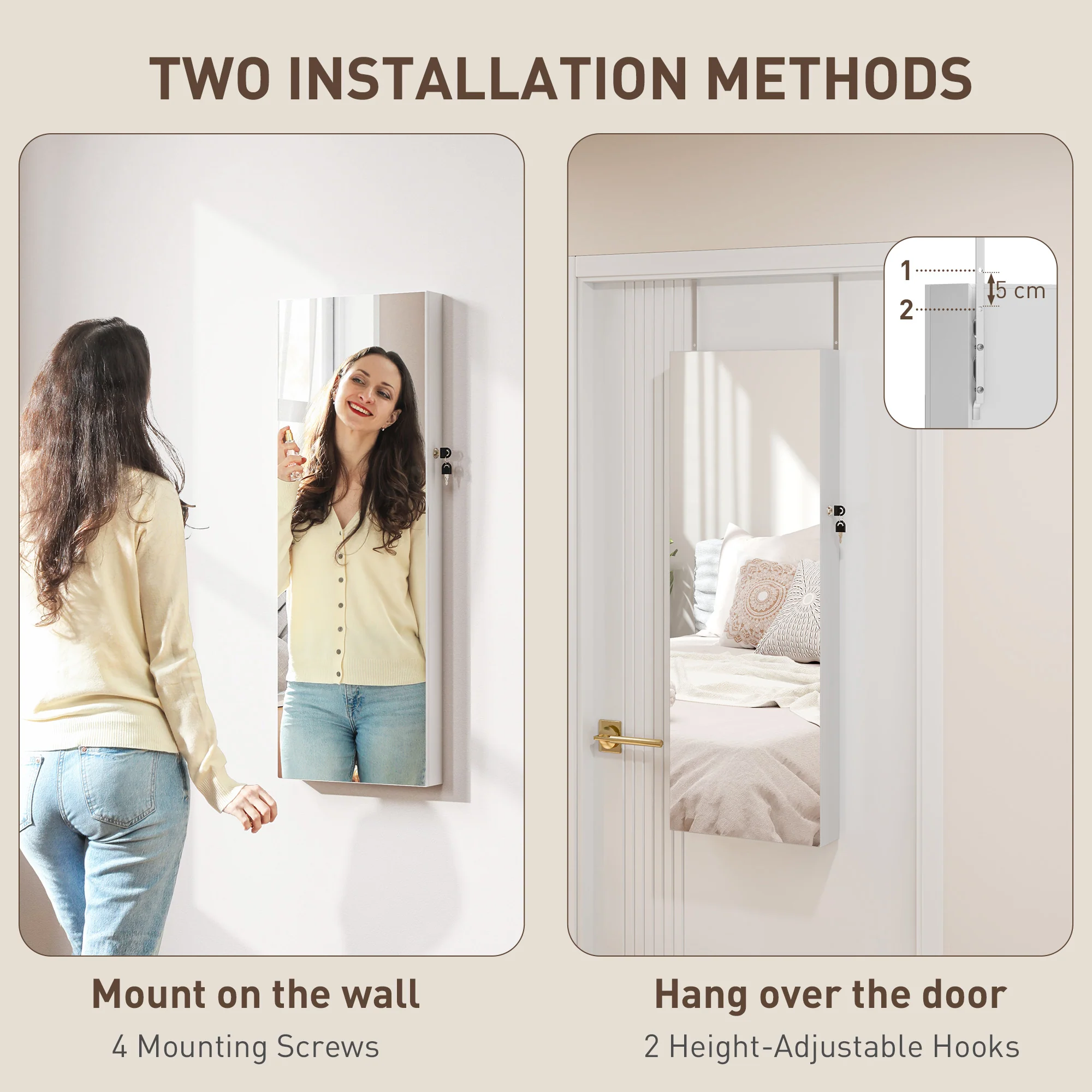 HOMCOM Door Hanging or Wall Mounted Jewellery Cabinet w/ Mirror Lining - Image 7