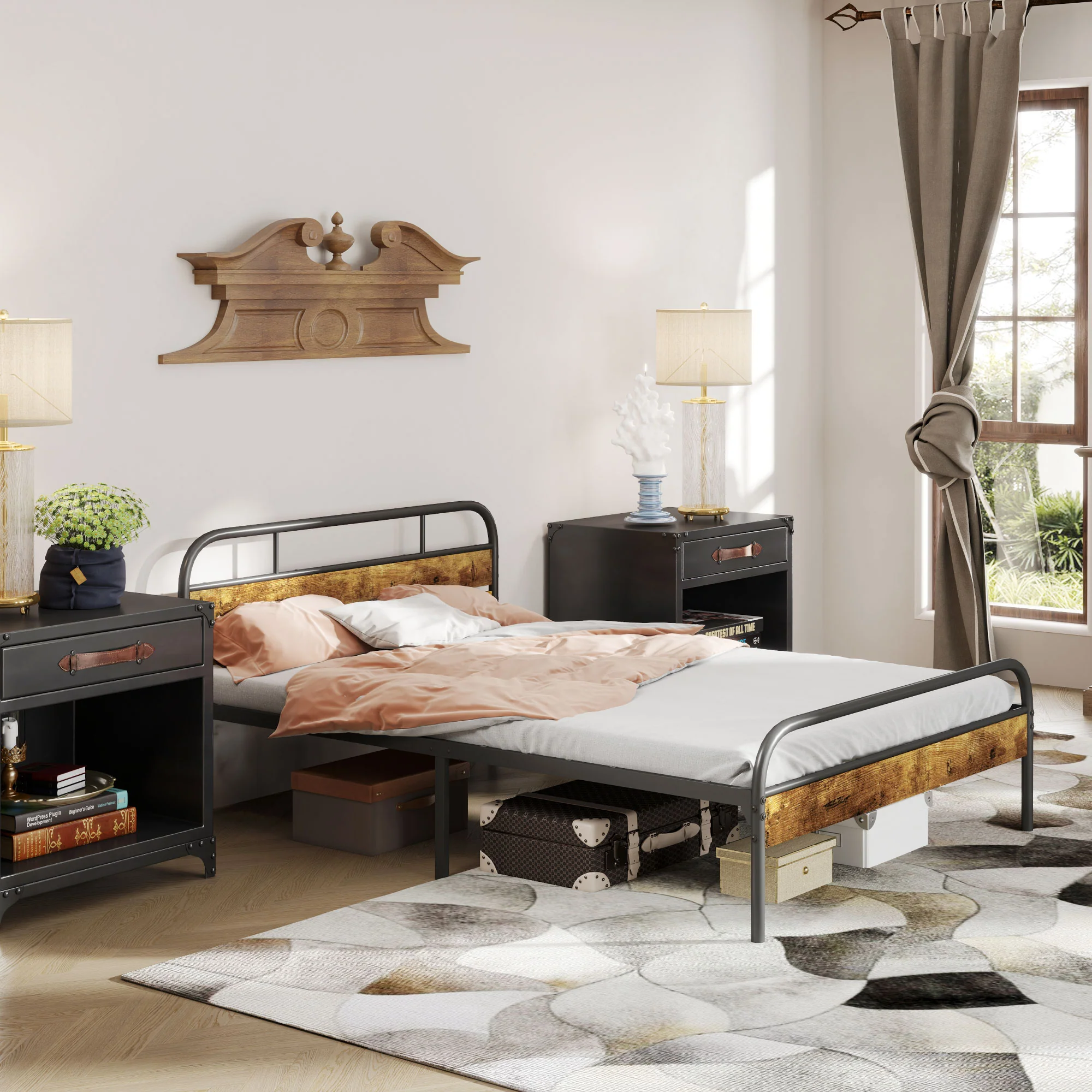 HOMCOM Double Bed Frame With Headboard, No Box Spring Needed, Rustic Brown - Image 2
