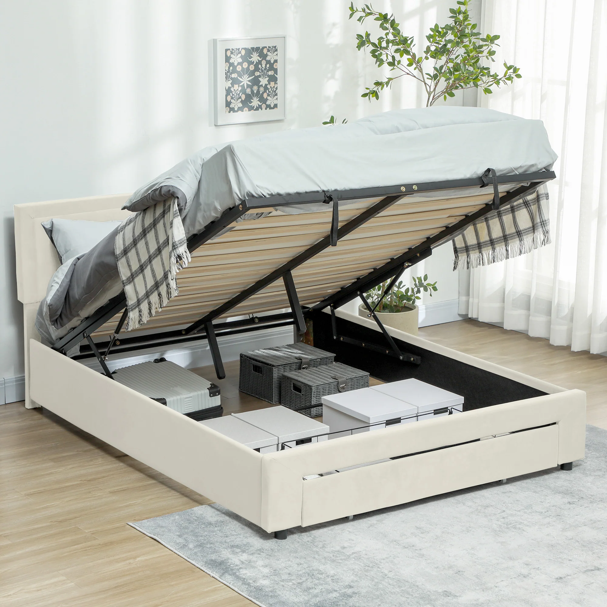 HOMCOM Double Bed Frame With Storage And Adjustable Velvet Headboard - Image 10