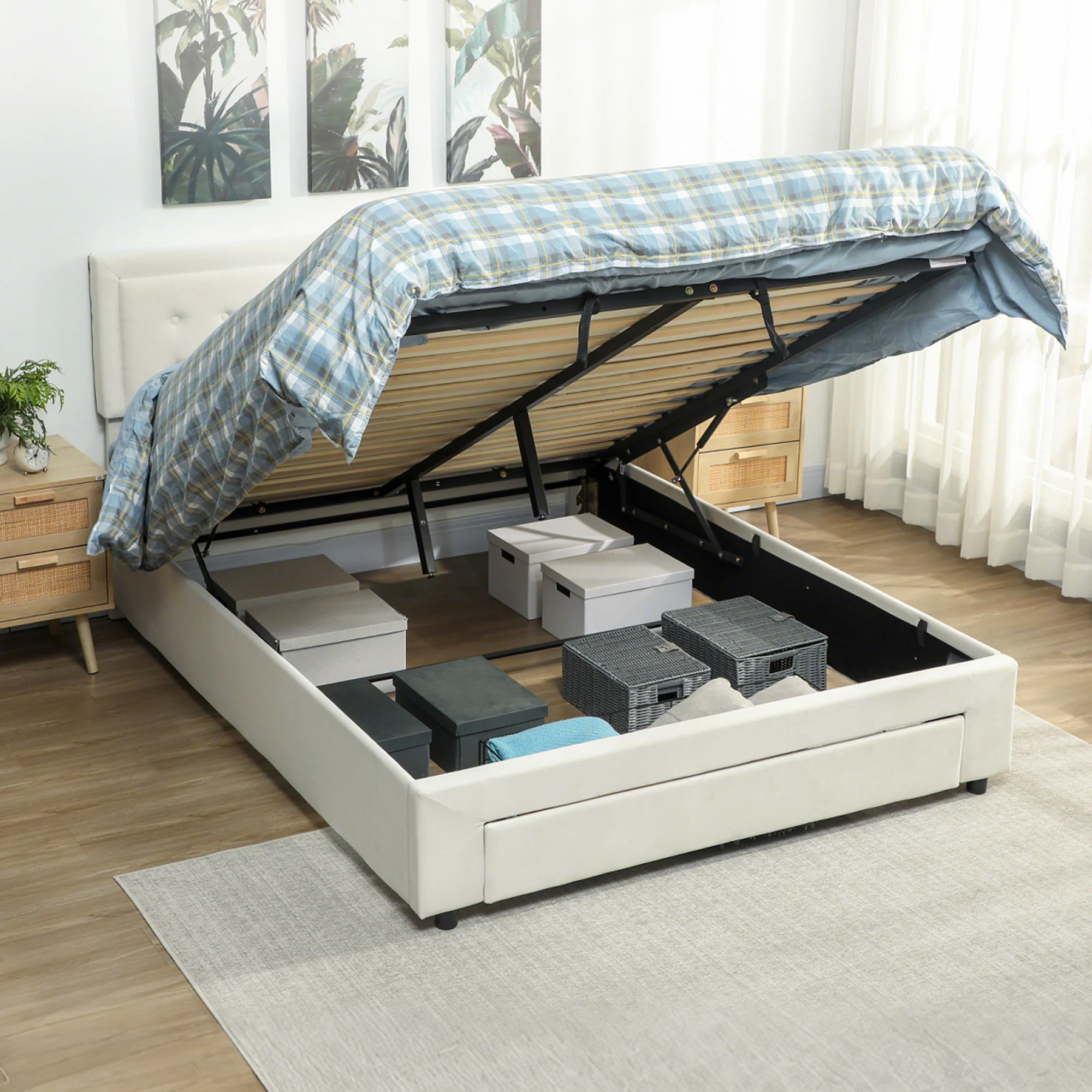 HOMCOM Double Bed Frame with Storage and Adjustable Velvet Headboard - Image 10