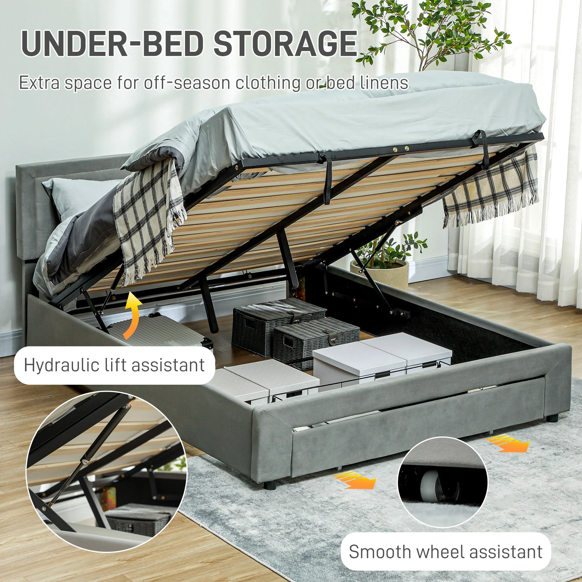 HOMCOM Double Bed Frame With Storage And Adjustable Velvet Headboard - Image 3