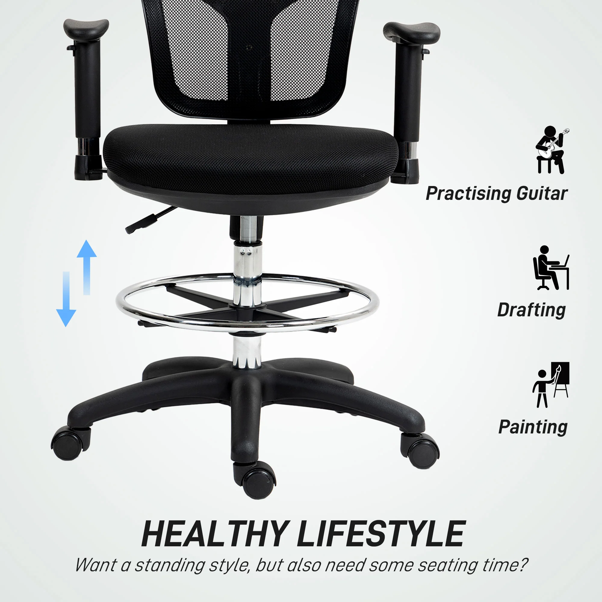 HOMCOM Drafting Stool Chair with Adjustable Armrest for Standing Desk, Black - Image 3