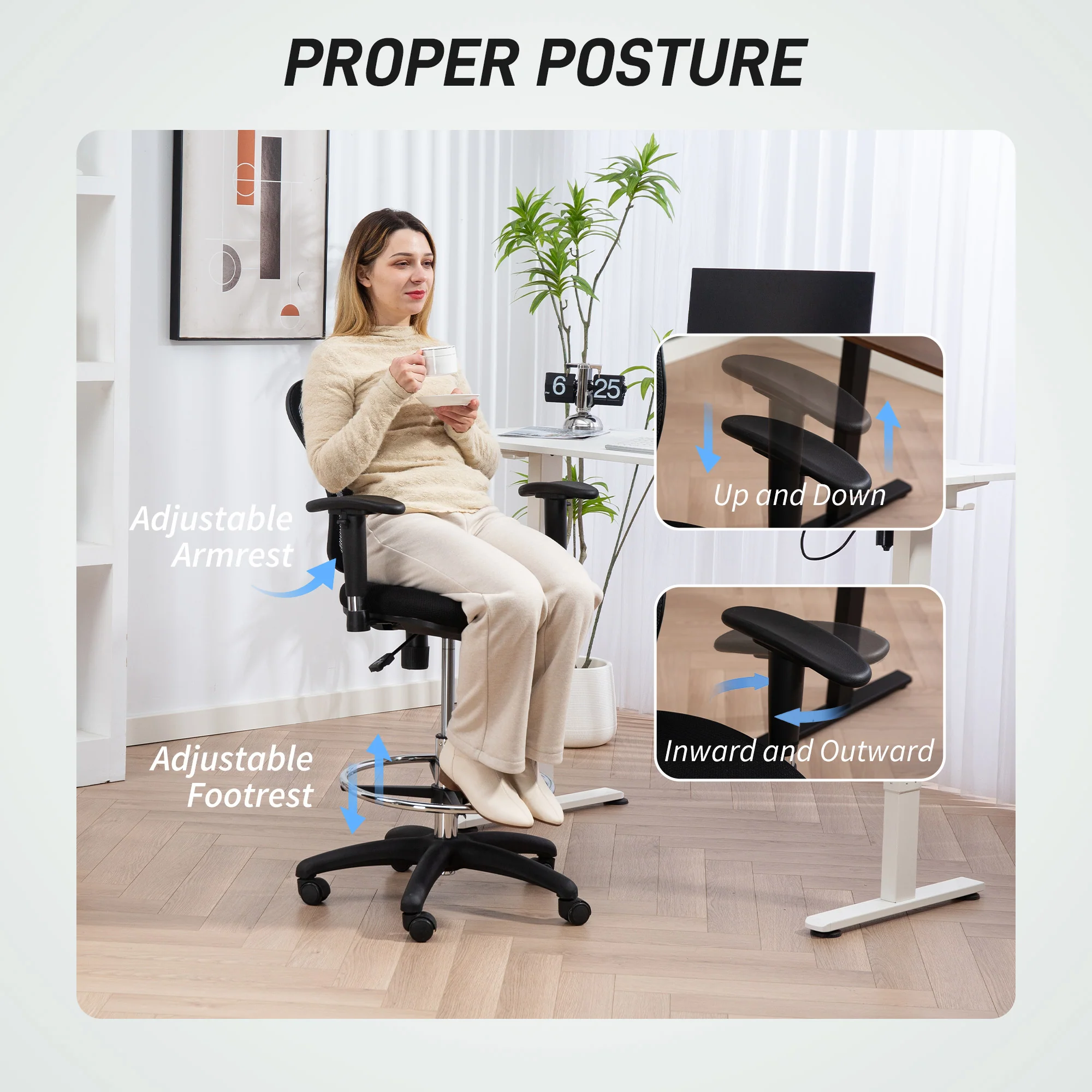 HOMCOM Drafting Stool Chair with Adjustable Armrest for Standing Desk, Black - Image 7