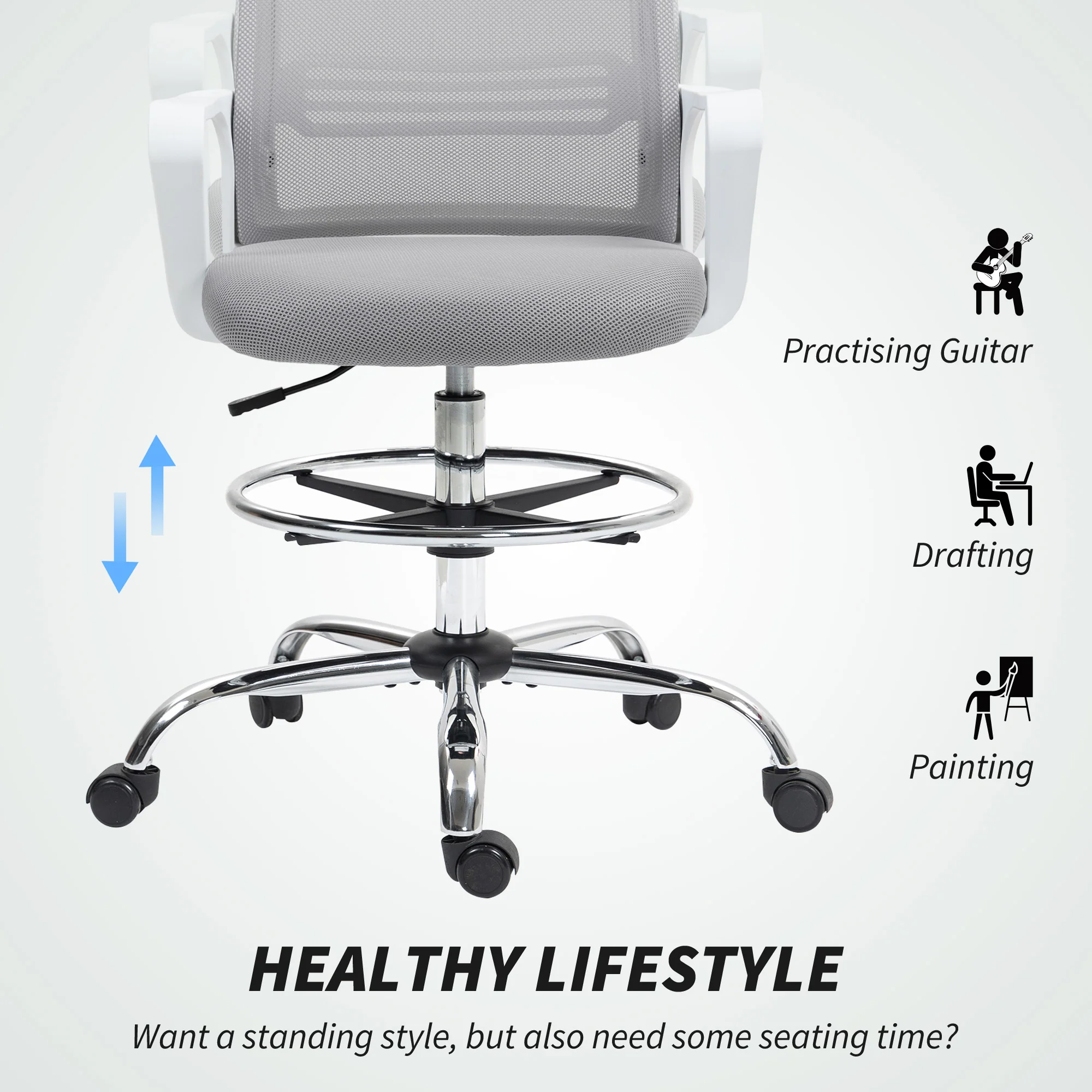 HOMCOM Draughtsman Chair, Mesh Ergonomic Drafting Chair - Image 12
