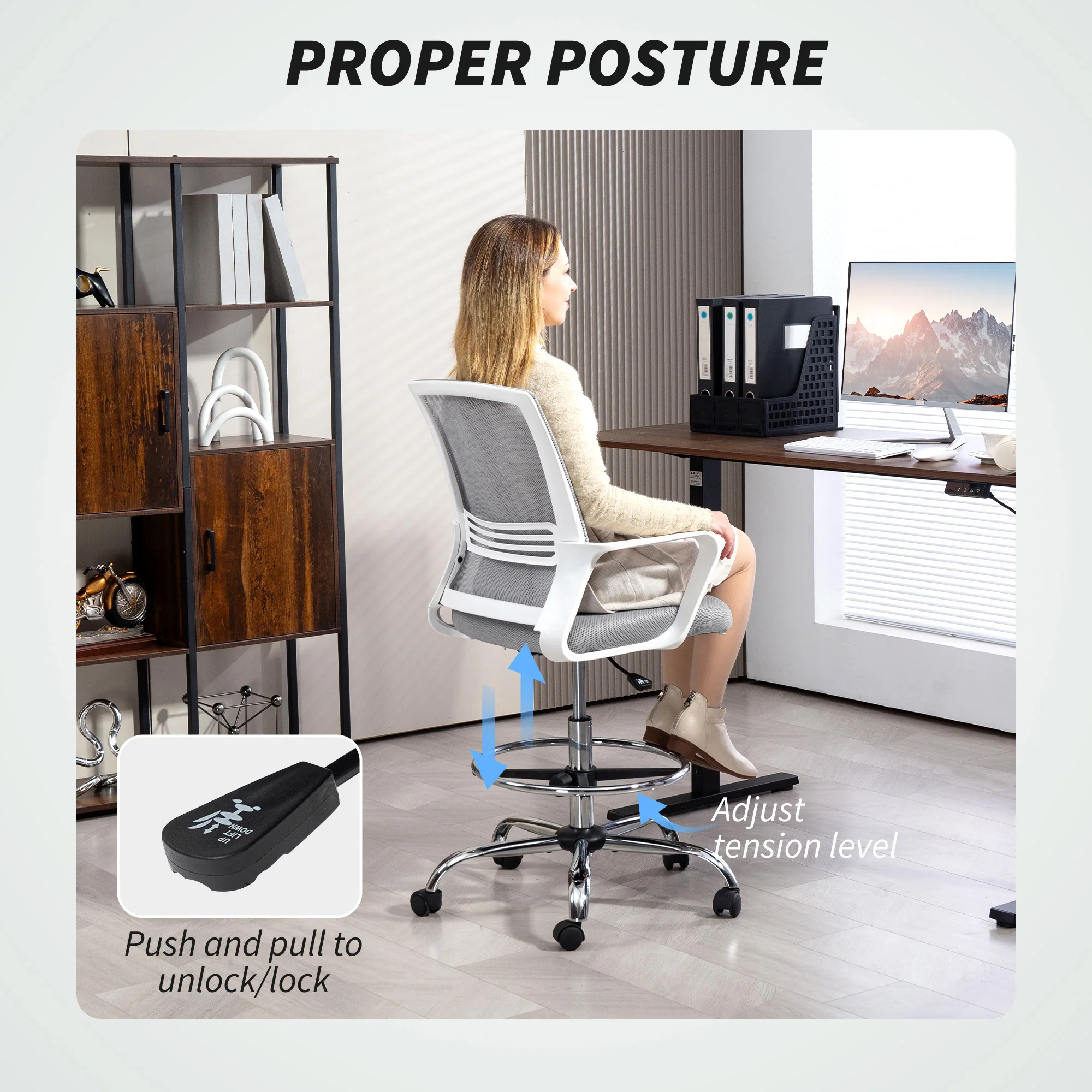 HOMCOM Draughtsman Chair, Mesh Ergonomic Drafting Chair - Image 13