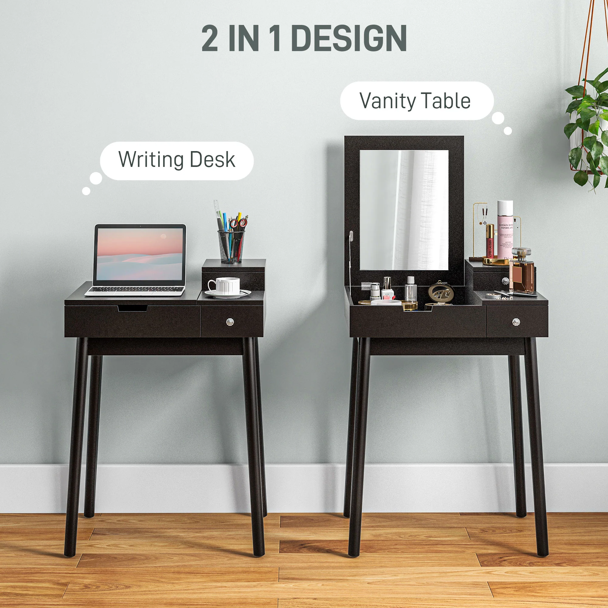 HOMCOM Dressing Table Vanity Desk Flip-up Mirror 2 Drawers, Black - Image 3