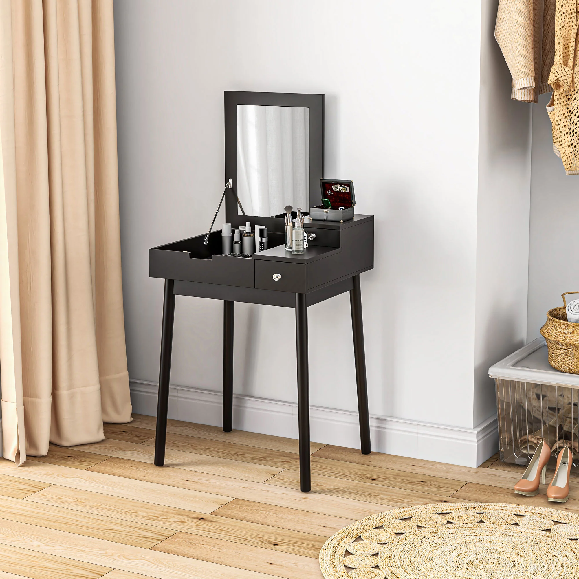 HOMCOM Dressing Table Vanity Desk Flip-up Mirror 2 Drawers, Black - Image 9