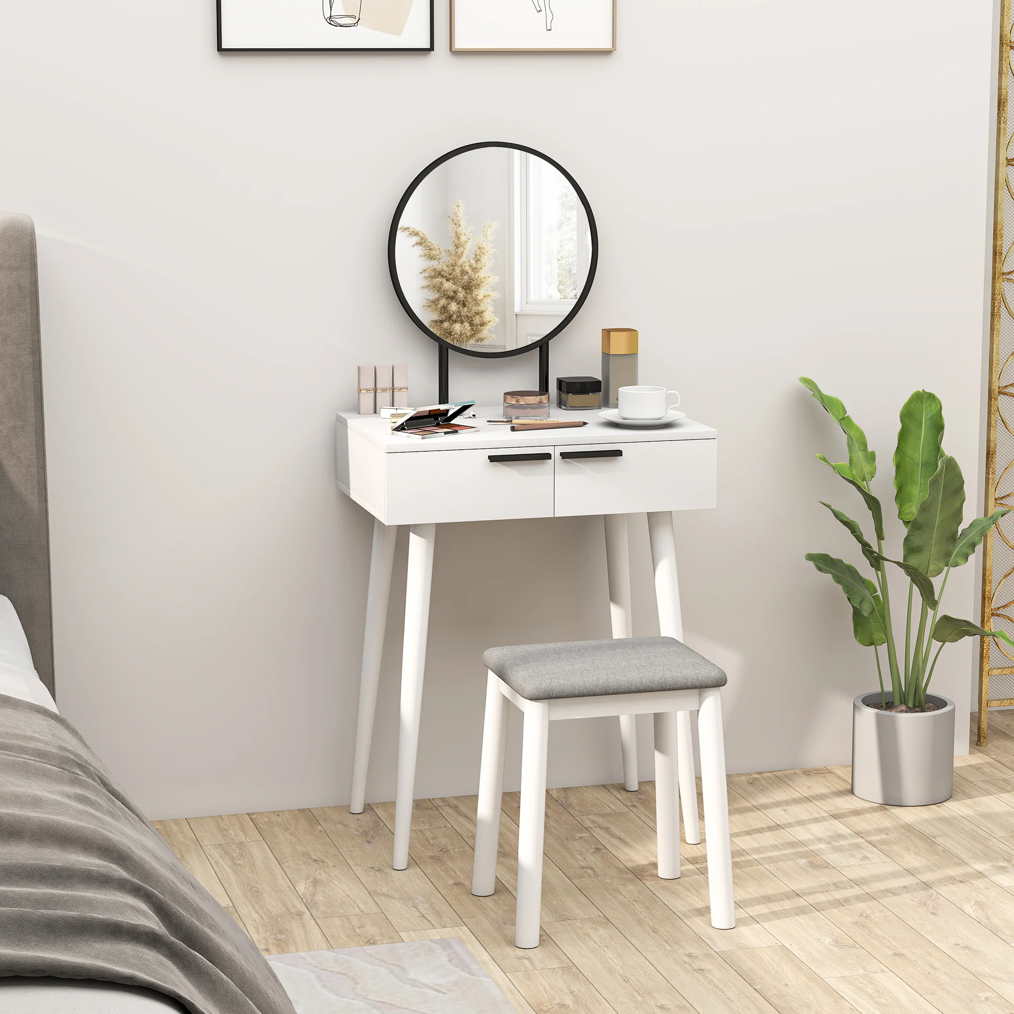 HOMCOM Dressing Table Vanity Set Make Up Desk With Mirror & Stool White - Image 2