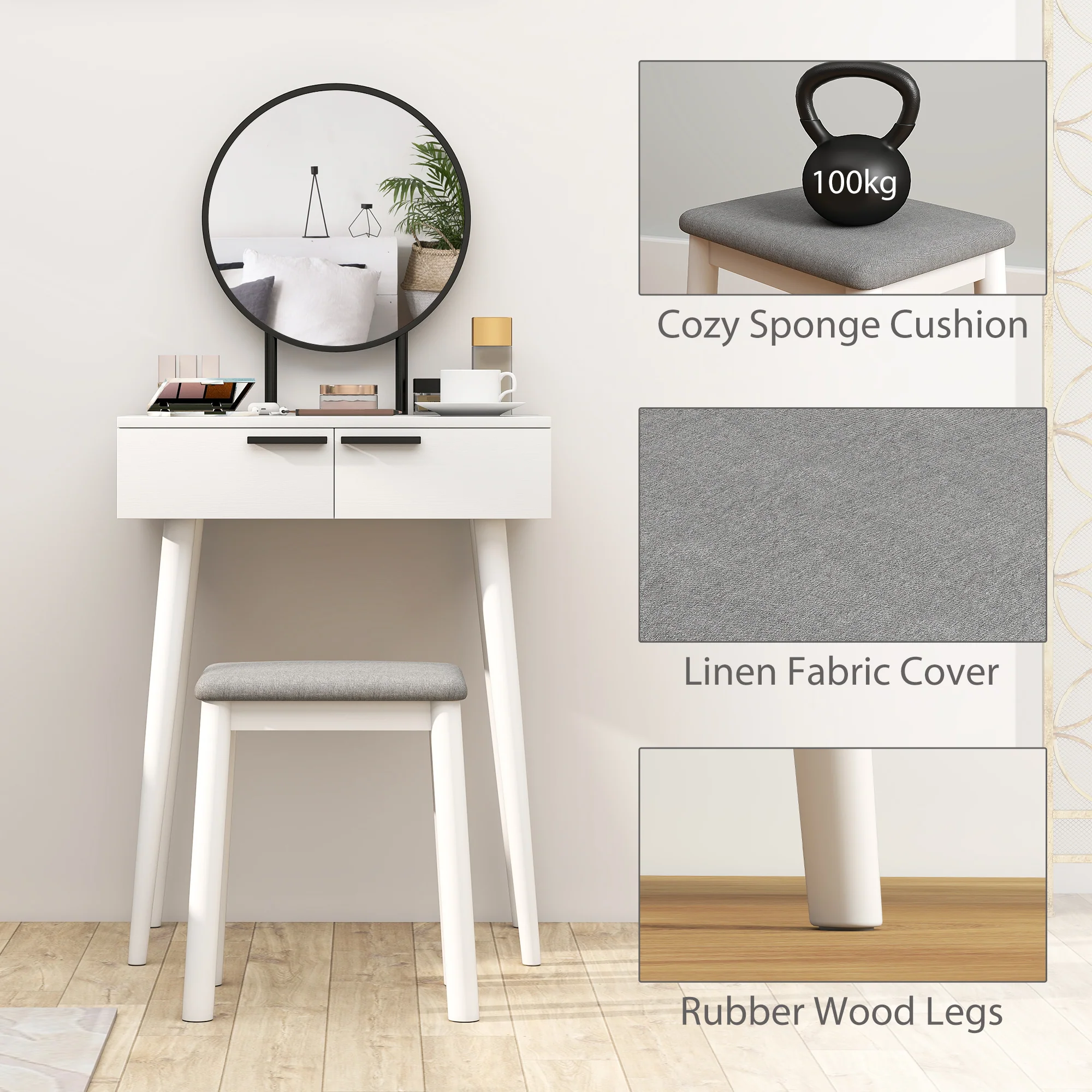 HOMCOM Dressing Table Vanity Set Make Up Desk With Mirror & Stool White - Image 3