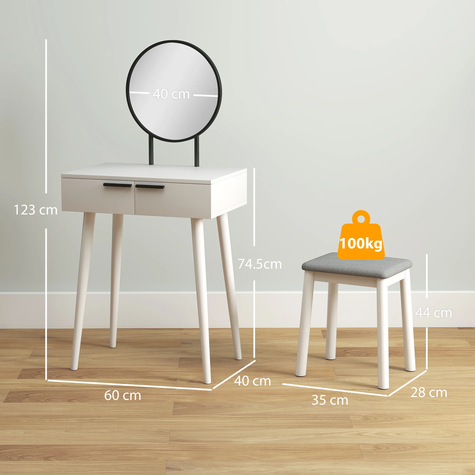 HOMCOM Dressing Table Vanity Set Make Up Desk With Mirror & Stool White - Image 5