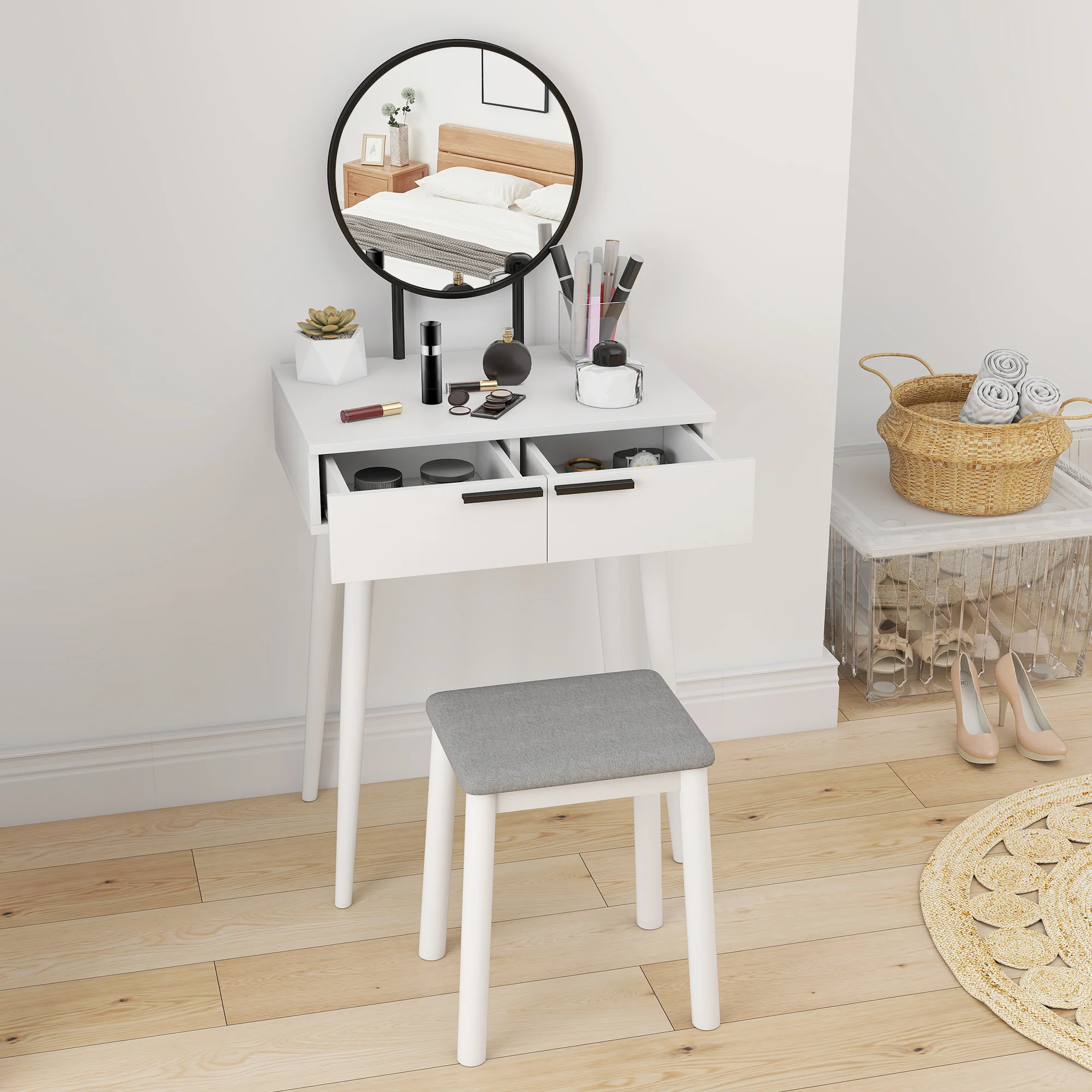 HOMCOM Dressing Table Vanity Set Make Up Desk With Mirror & Stool White - Image 6