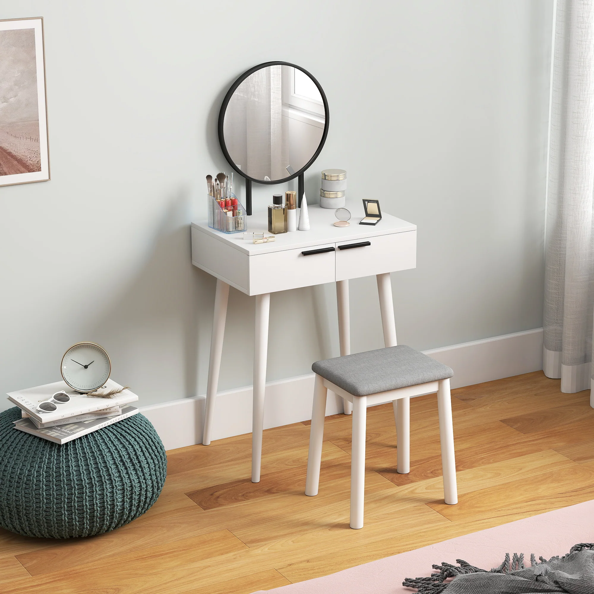 HOMCOM Dressing Table Vanity Set Make Up Desk With Mirror & Stool White - Image 8