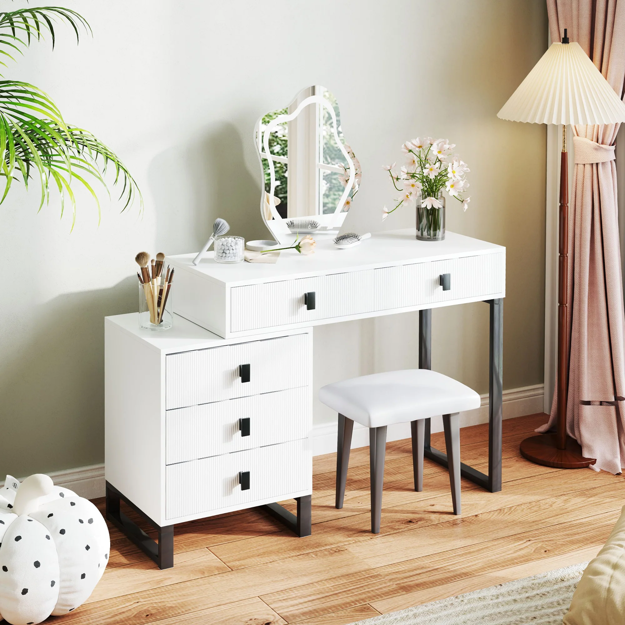 HOMCOM Dressing Table with LED Leaf Shape Mirror and 5 Drawers, White - Image 8