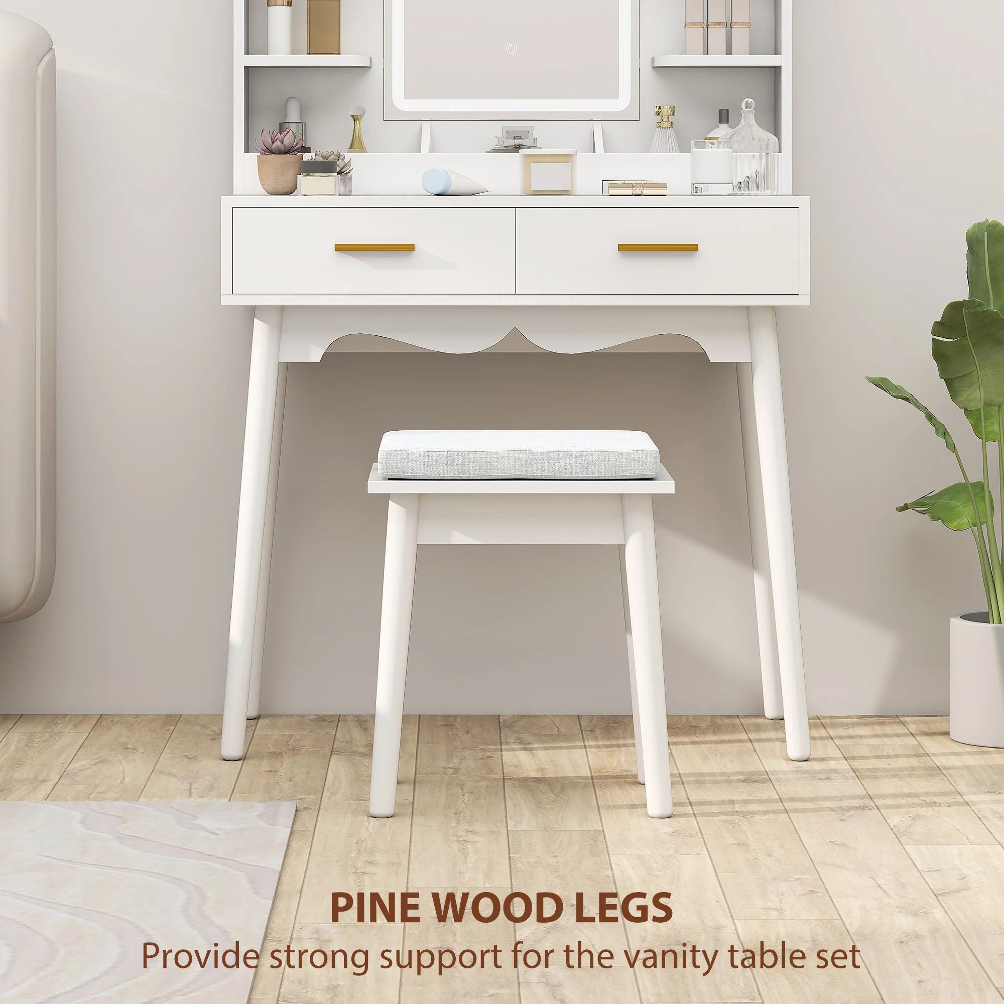 HOMCOM Dressing Table with LED Lighted Mirror and Cushioned Stool White - Image 7