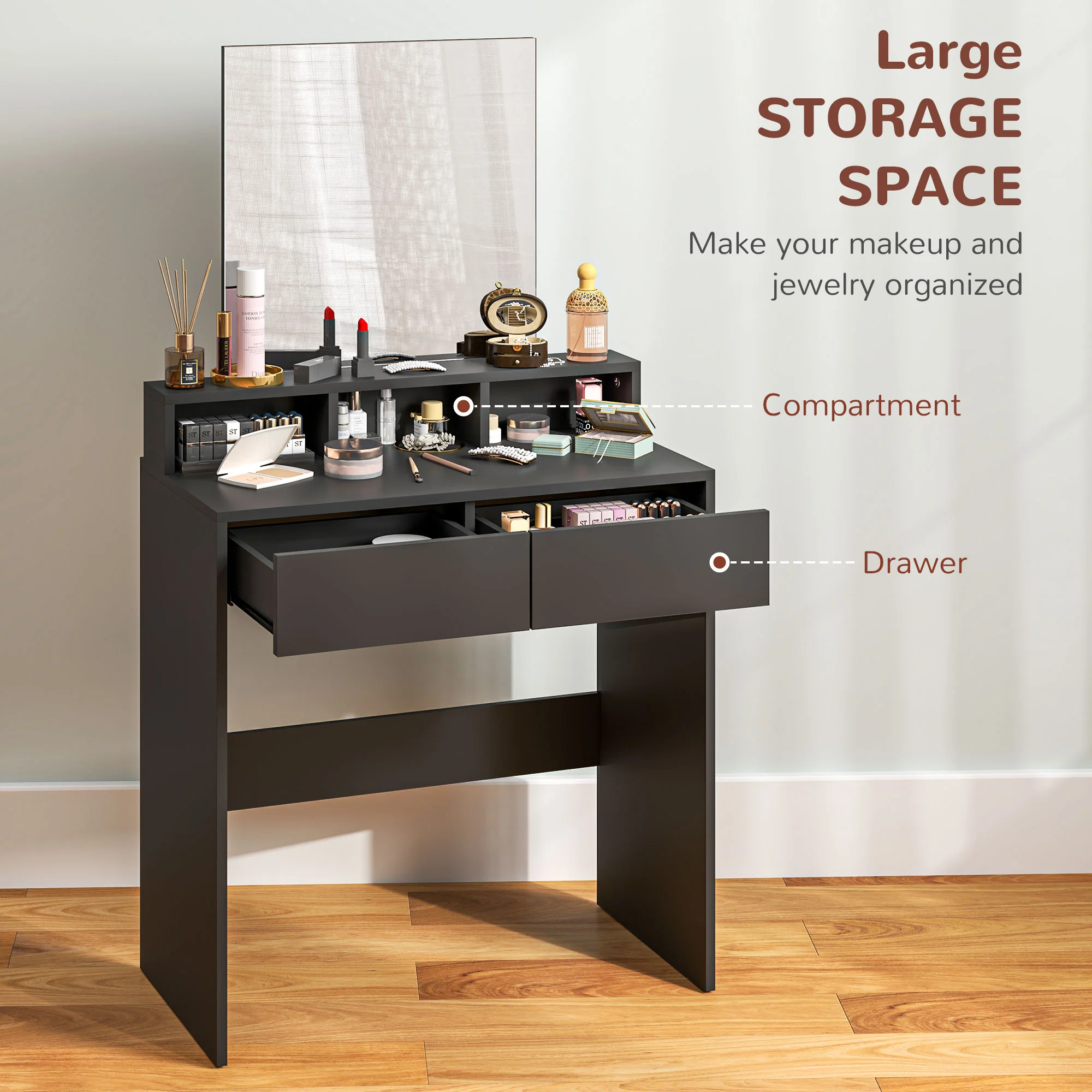 HOMCOM Dressing Table with Mirror, Drawers, for Bedroom, Black - Image 3