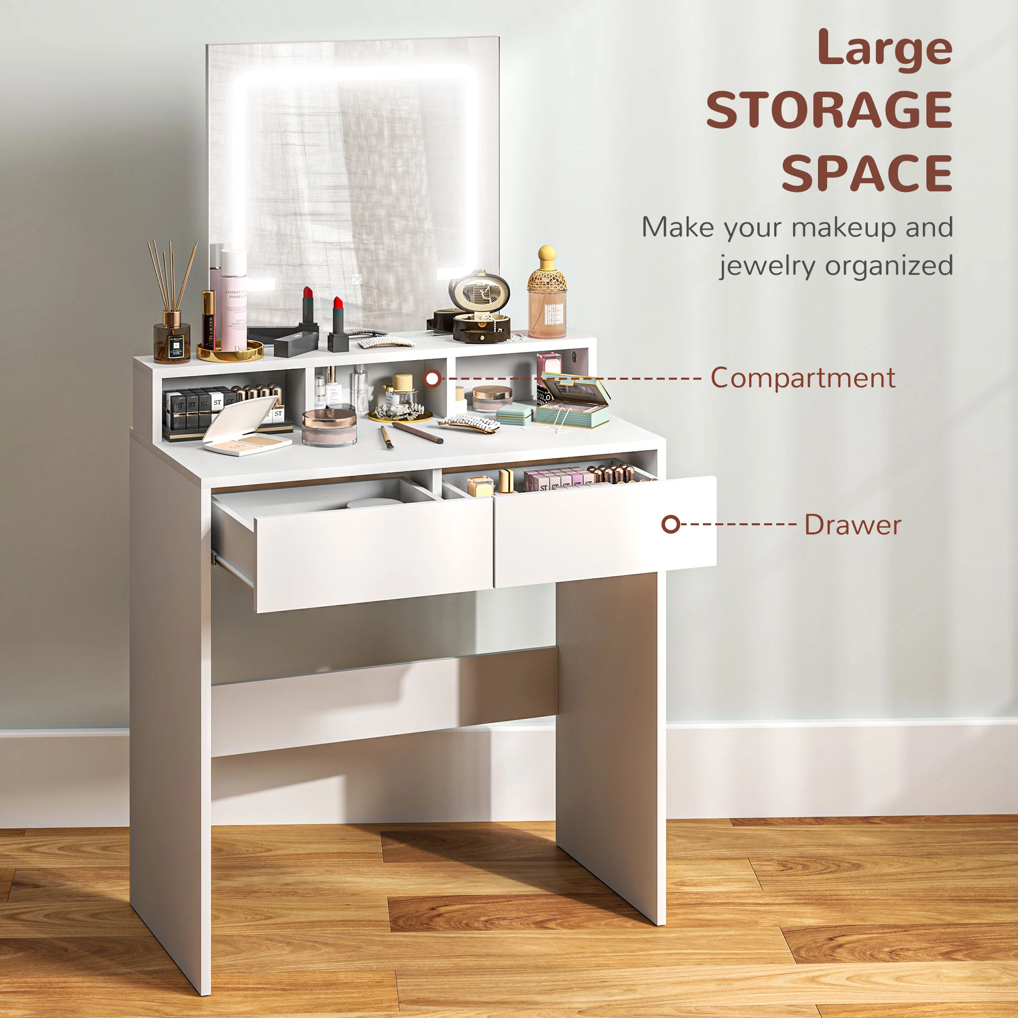 HOMCOM Dressing Table With Mirror, LED Lights, Drawers, For Bedroom, White - Image 4