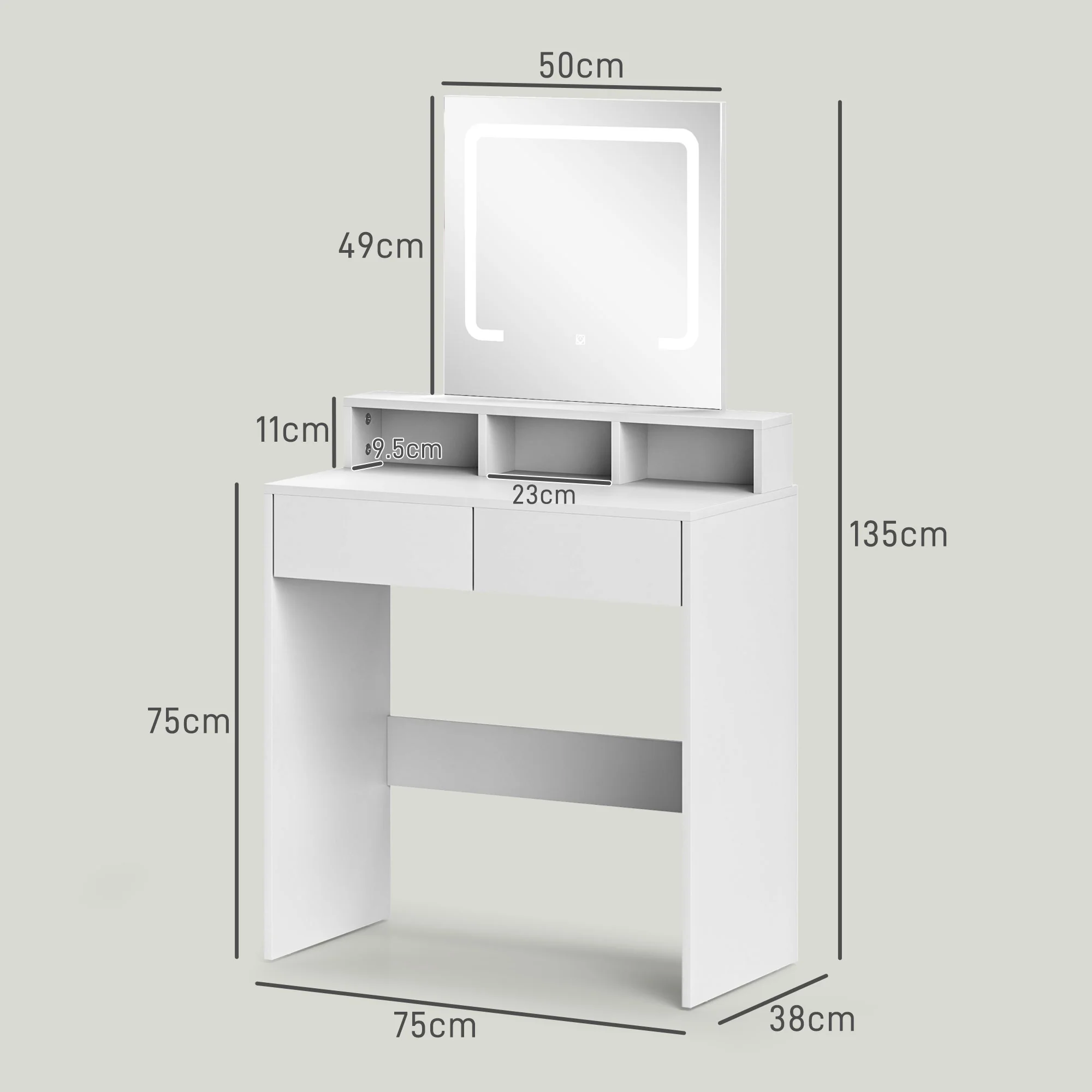 HOMCOM Dressing Table With Mirror, LED Lights, Drawers, For Bedroom, White - Image 5