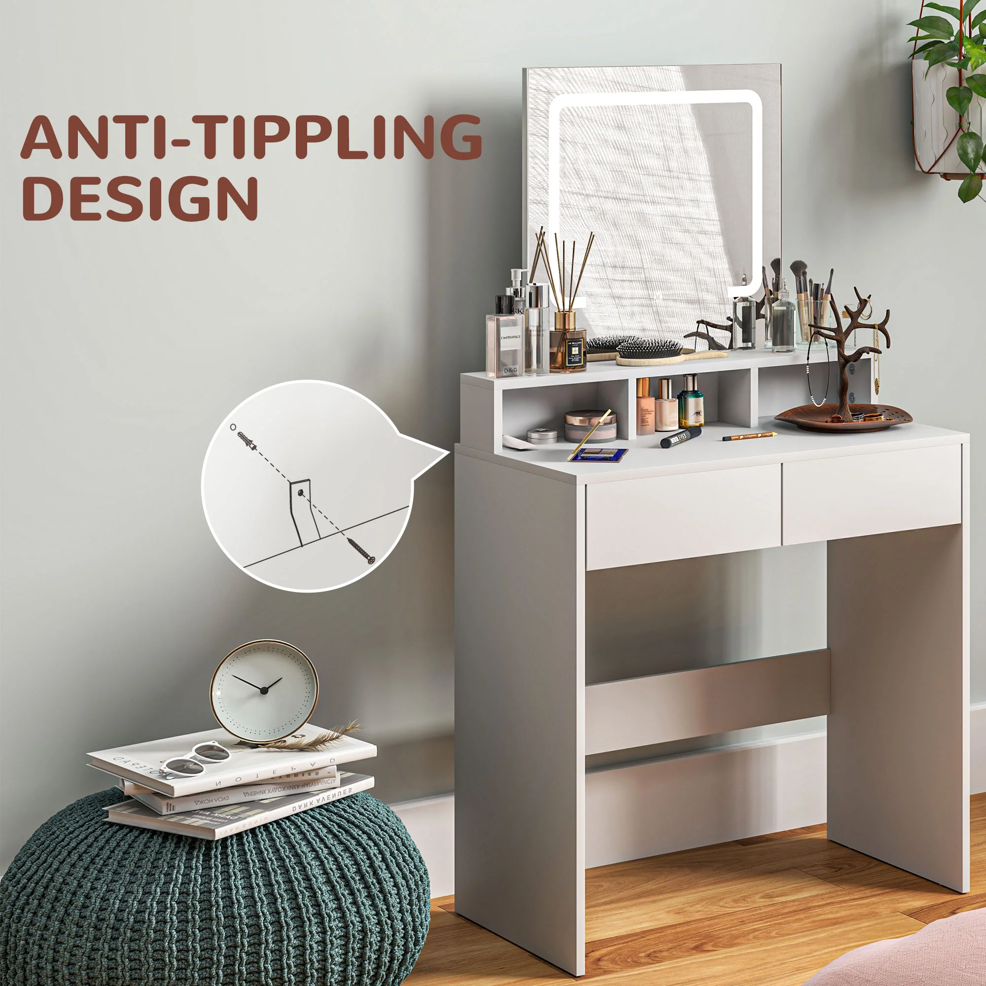HOMCOM Dressing Table With Mirror, LED Lights, Drawers, For Bedroom, White - Image 6