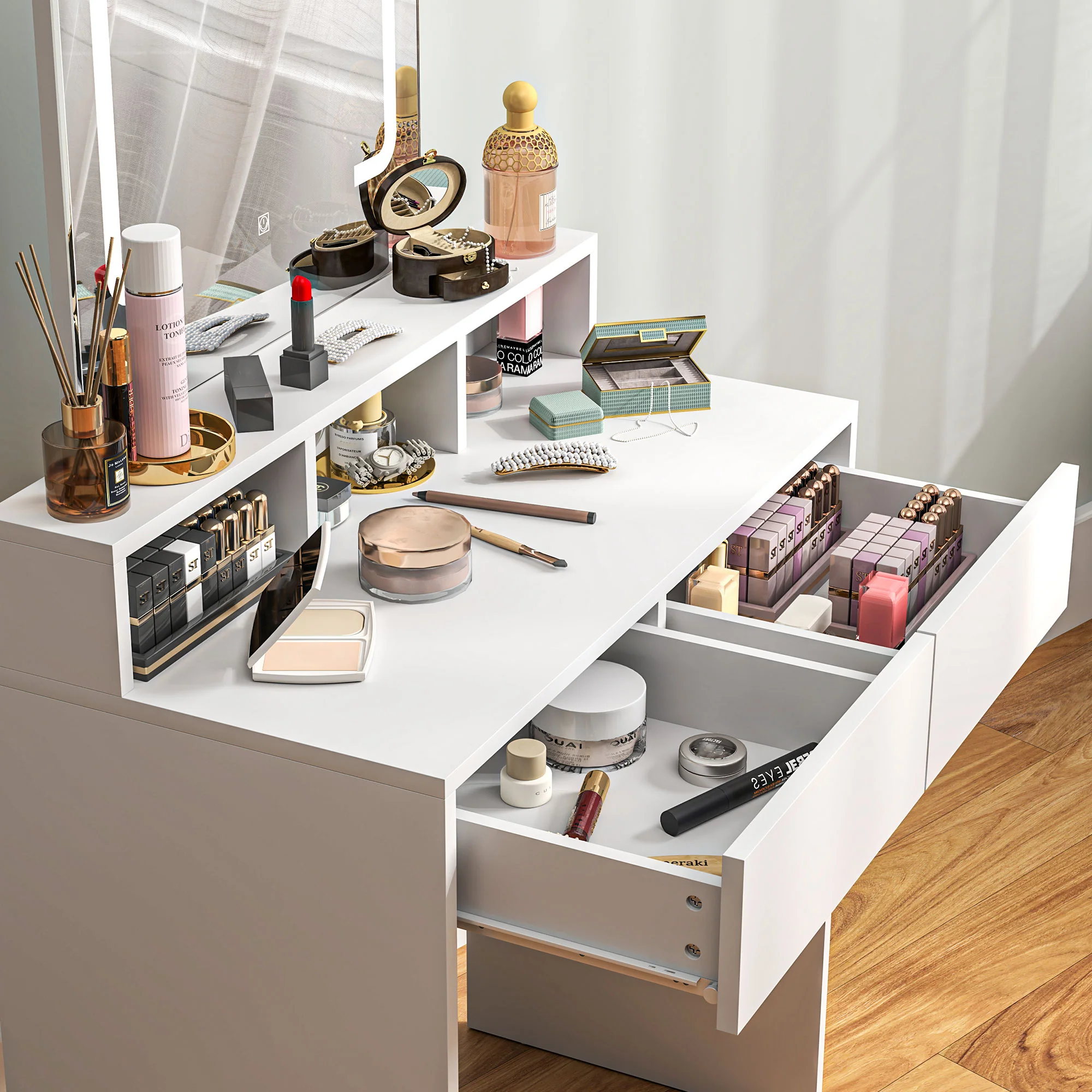 HOMCOM Dressing Table With Mirror, LED Lights, Drawers, For Bedroom, White - Image 9