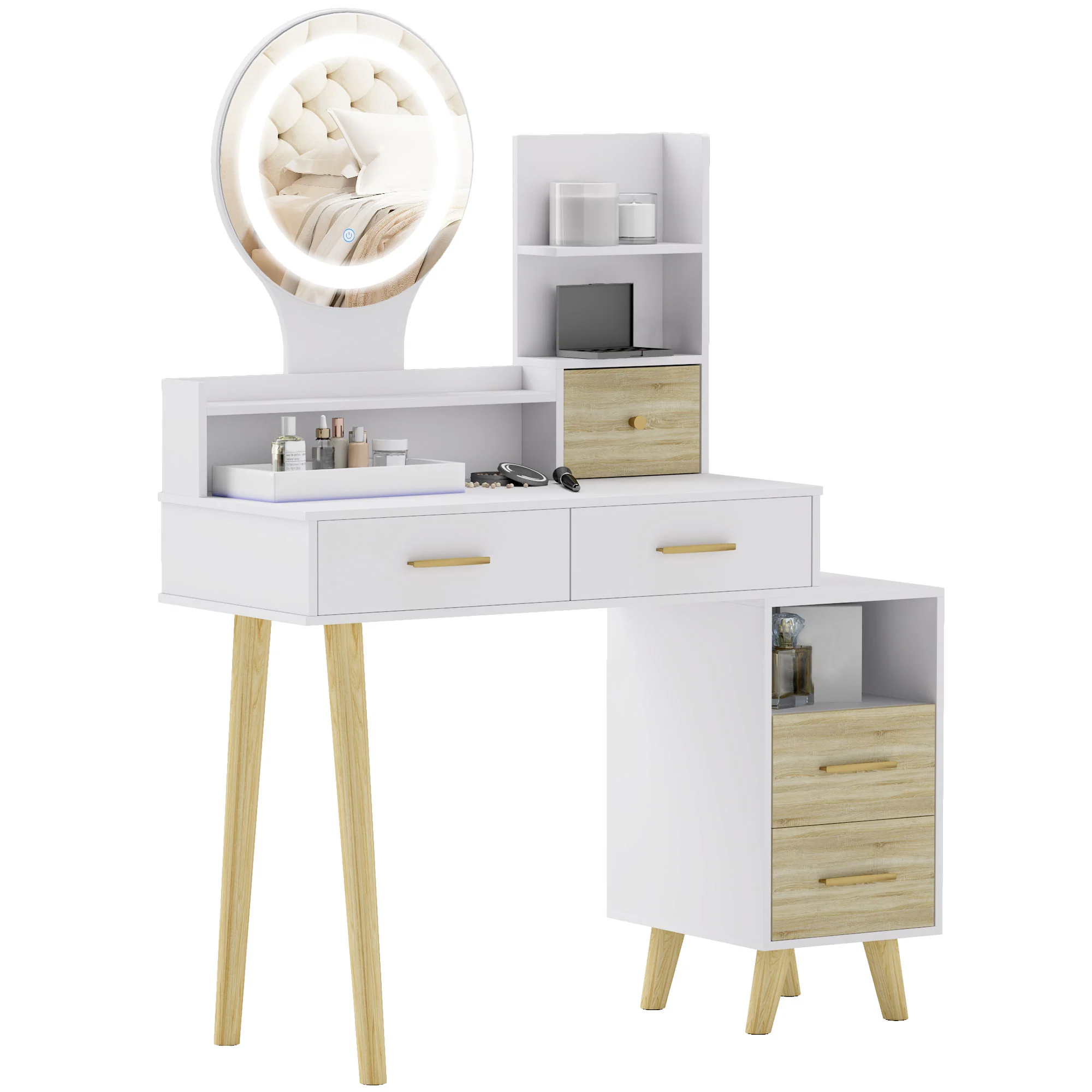 HOMCOM Dressing Table With Mirror, Vanity Table With LED Lights, White