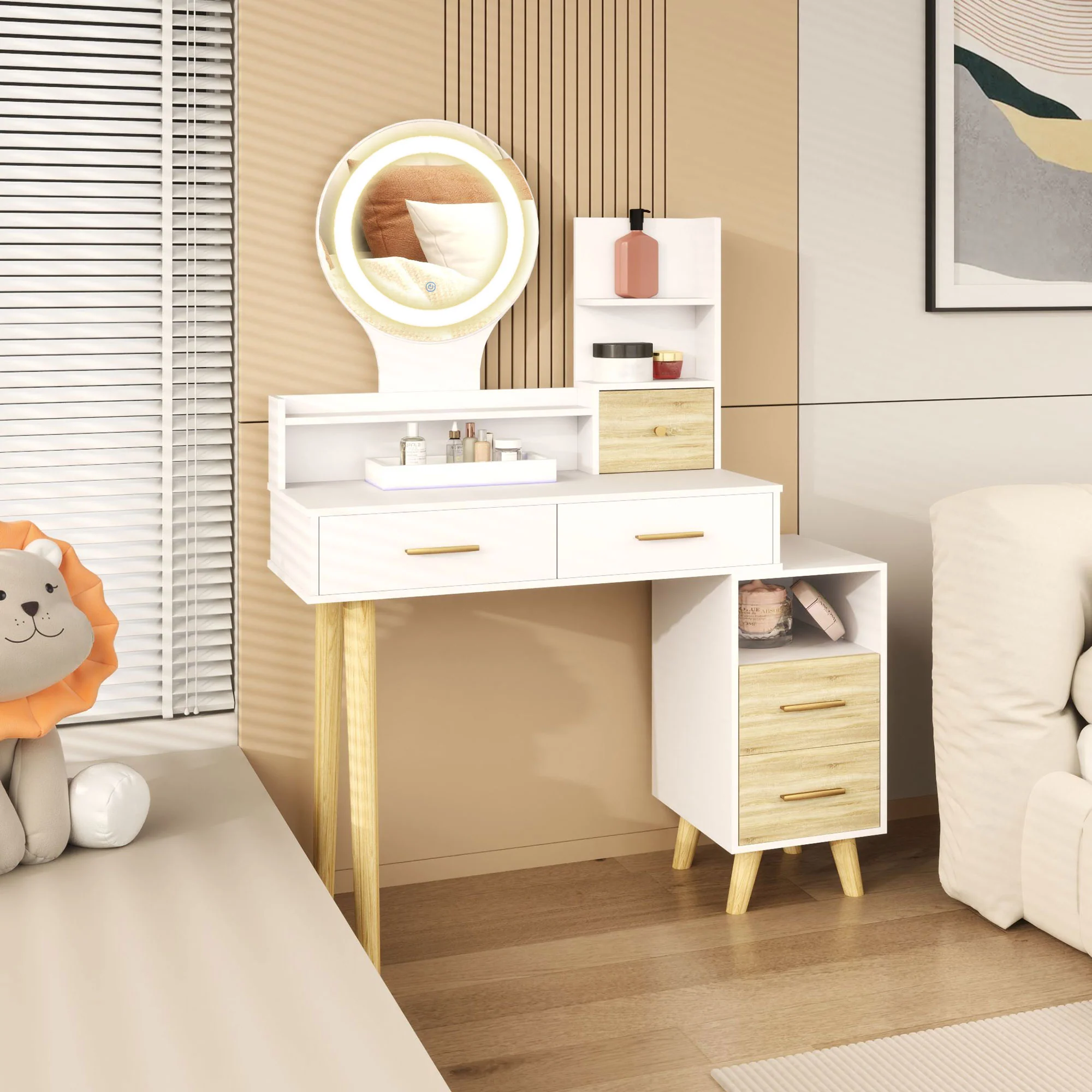 HOMCOM Dressing Table With Mirror, Vanity Table With LED Lights, White - Image 2