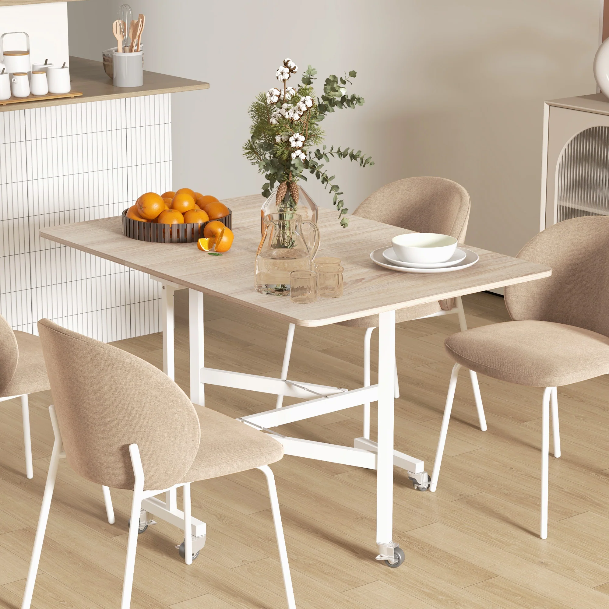 HOMCOM Drop Leaf Table With Wheels Folding Dining Table For Small Spaces, Nature - Image 2