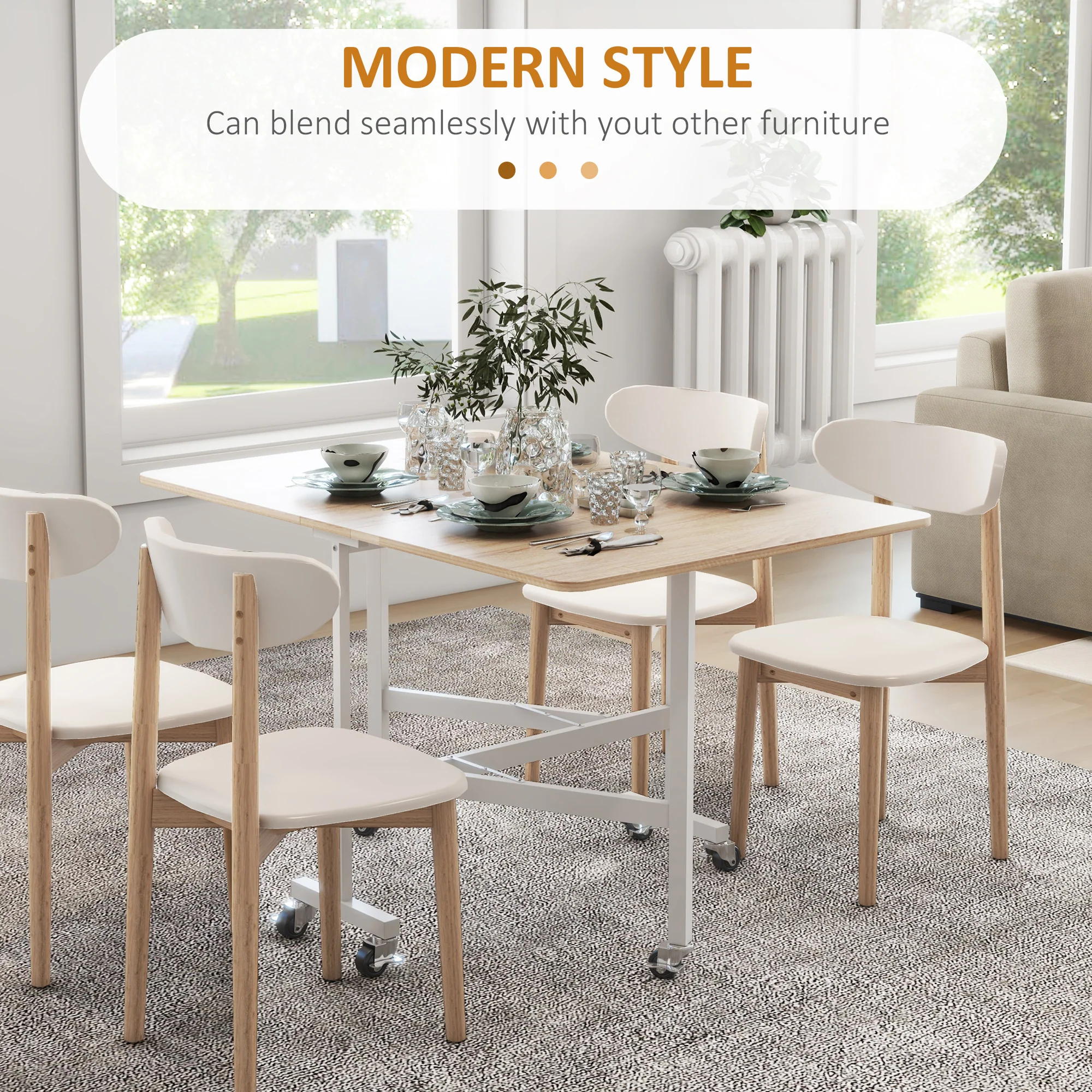 HOMCOM Drop Leaf Table With Wheels Folding Dining Table For Small Spaces, Nature - Image 3
